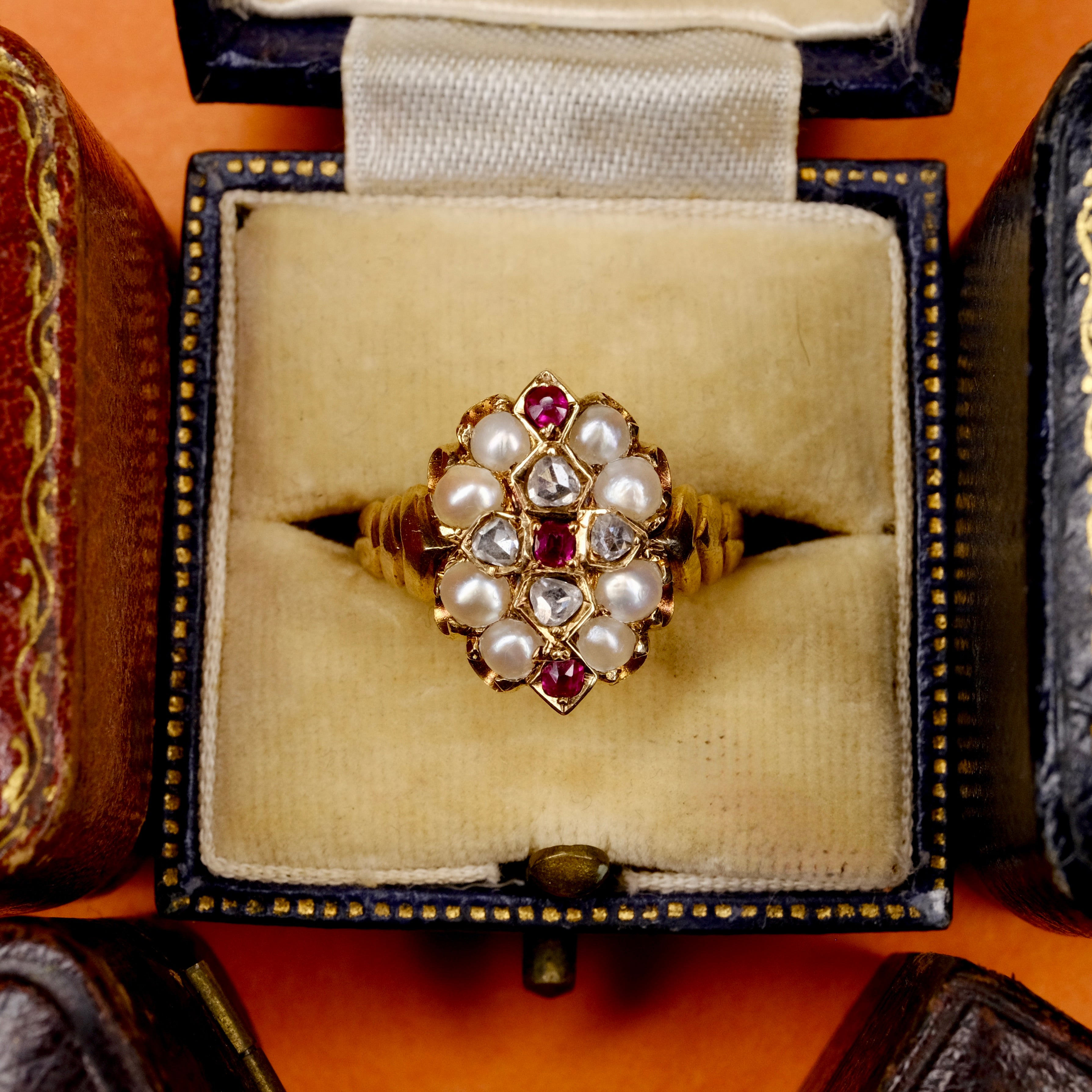 Antique 15ct Gold, Ruby, Rose cut Diamond & Pearl Cluster Ring