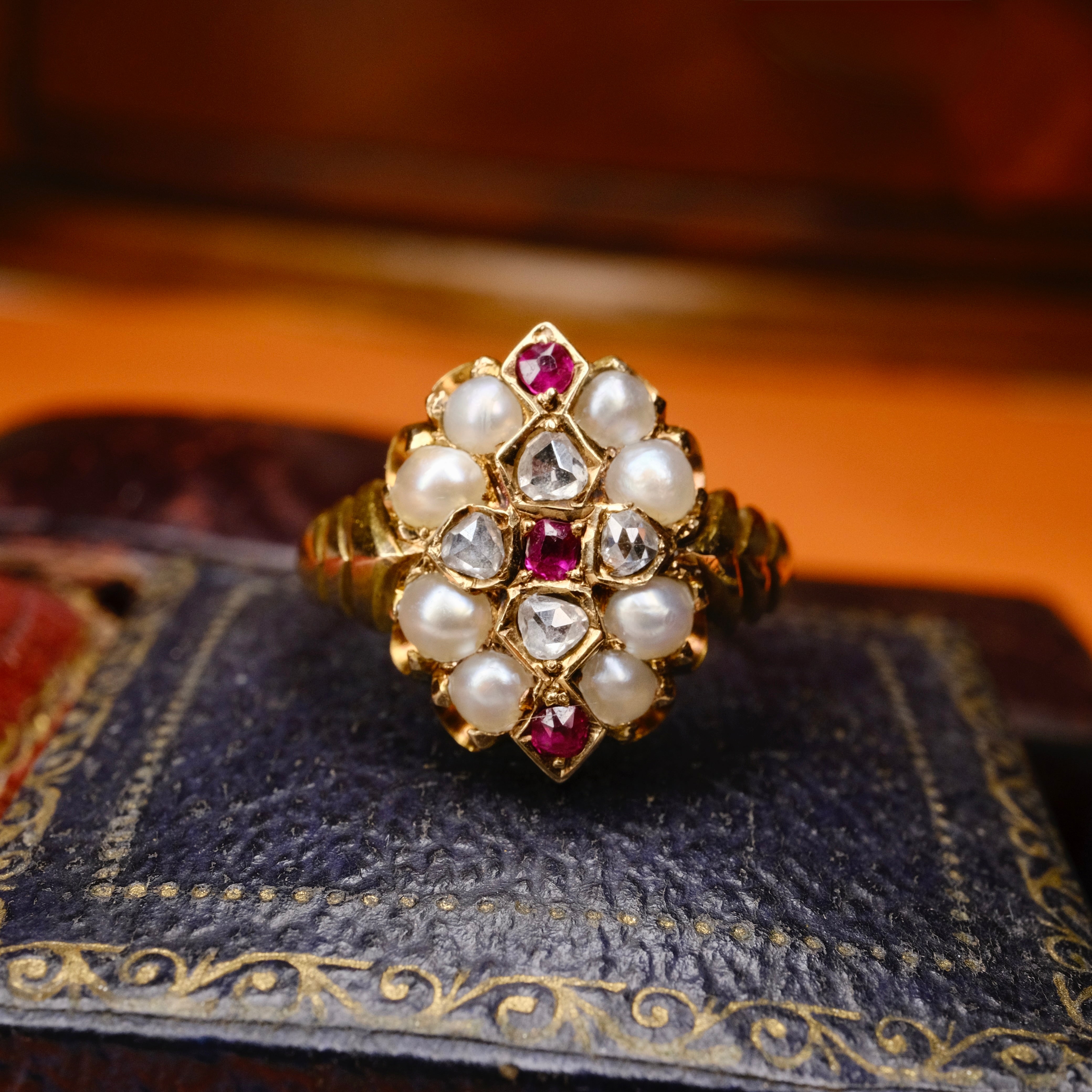 Antique 15ct Gold, Ruby, Rose cut Diamond & Pearl Cluster Ring