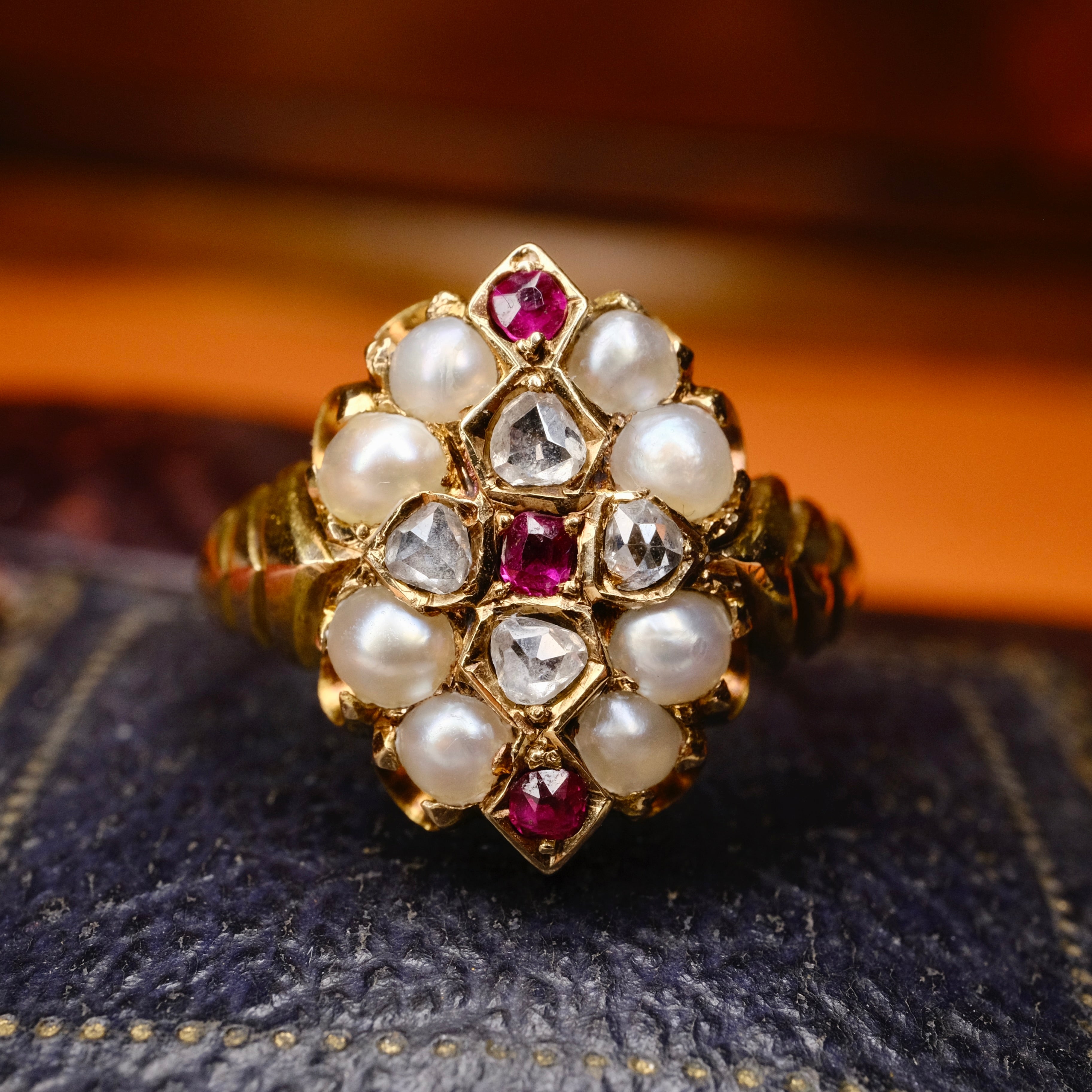 Antique 15ct Gold, Ruby, Rose cut Diamond & Pearl Cluster Ring