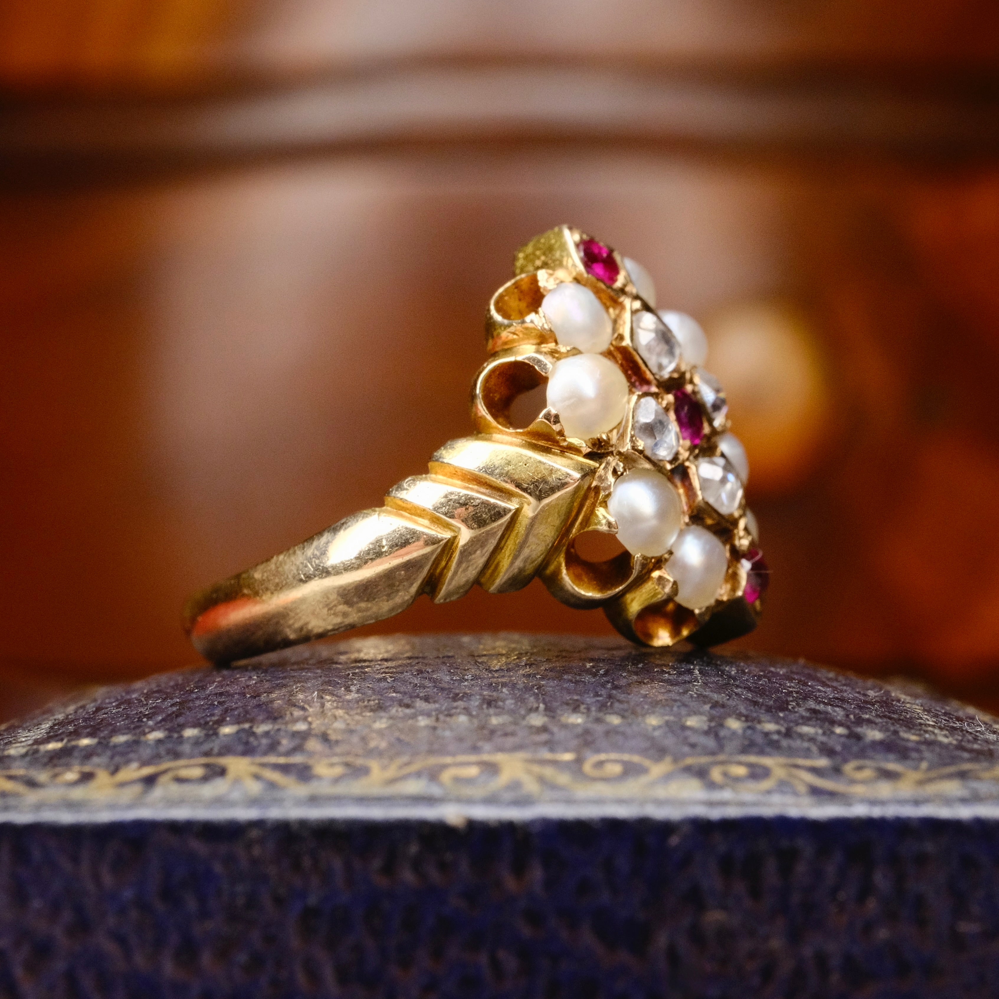 Antique 15ct Gold, Ruby, Rose cut Diamond & Pearl Cluster Ring
