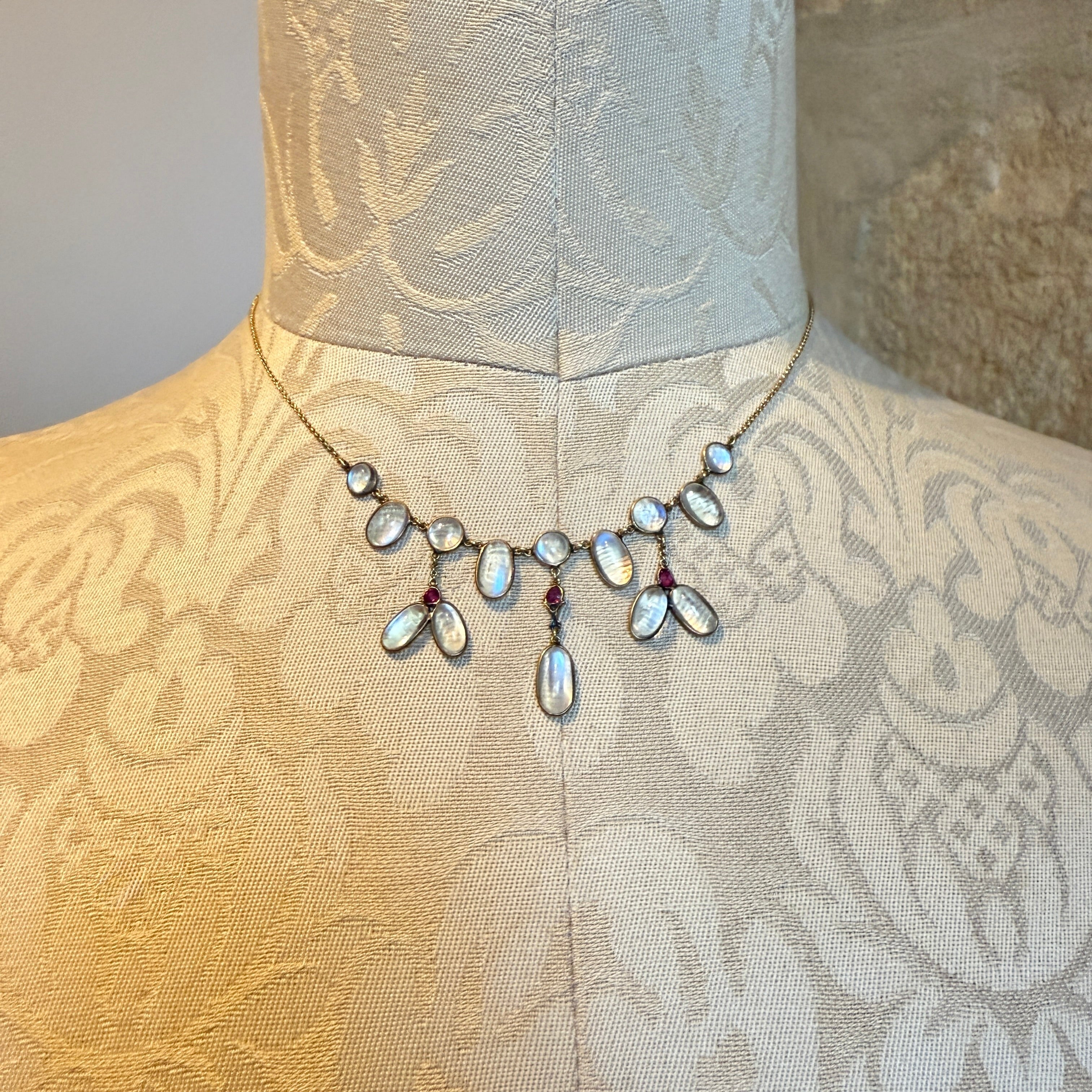 Antique 15ct Gold, Moonstone & Ruby Fringe Necklace