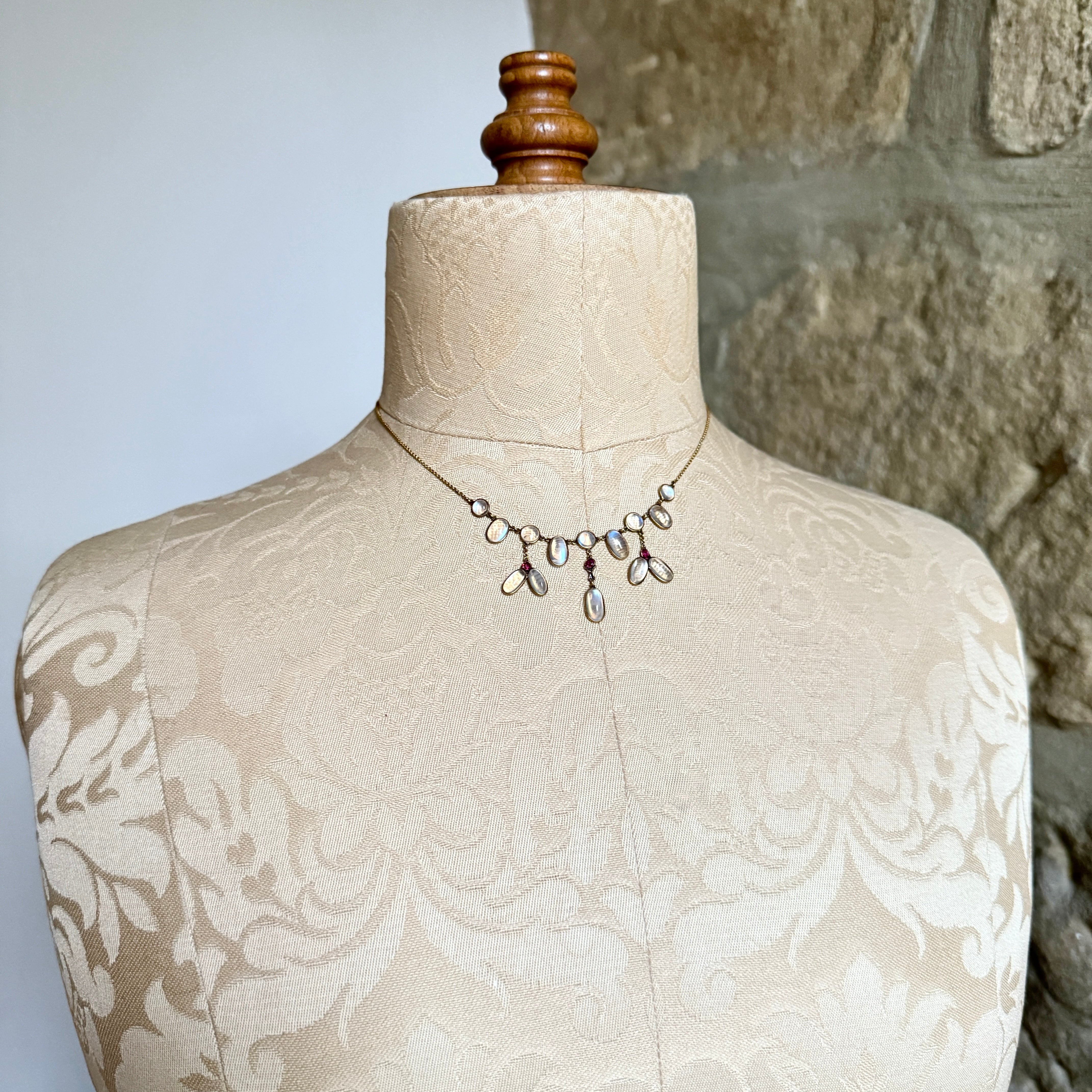 Antique 15ct Gold, Moonstone & Ruby Fringe Necklace