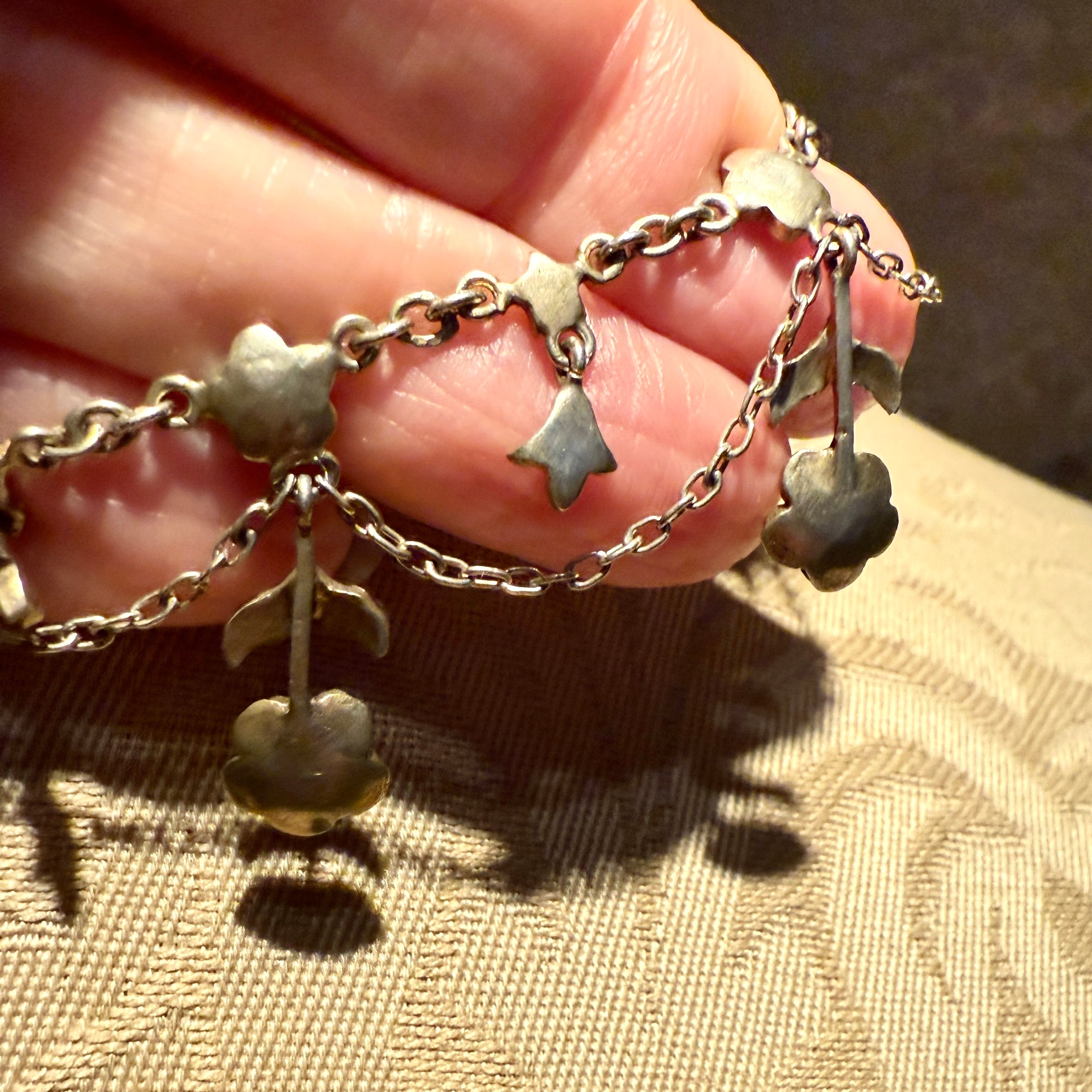 Antique, Victorian Silver & Turquoise floral Swag Festoon Necklace