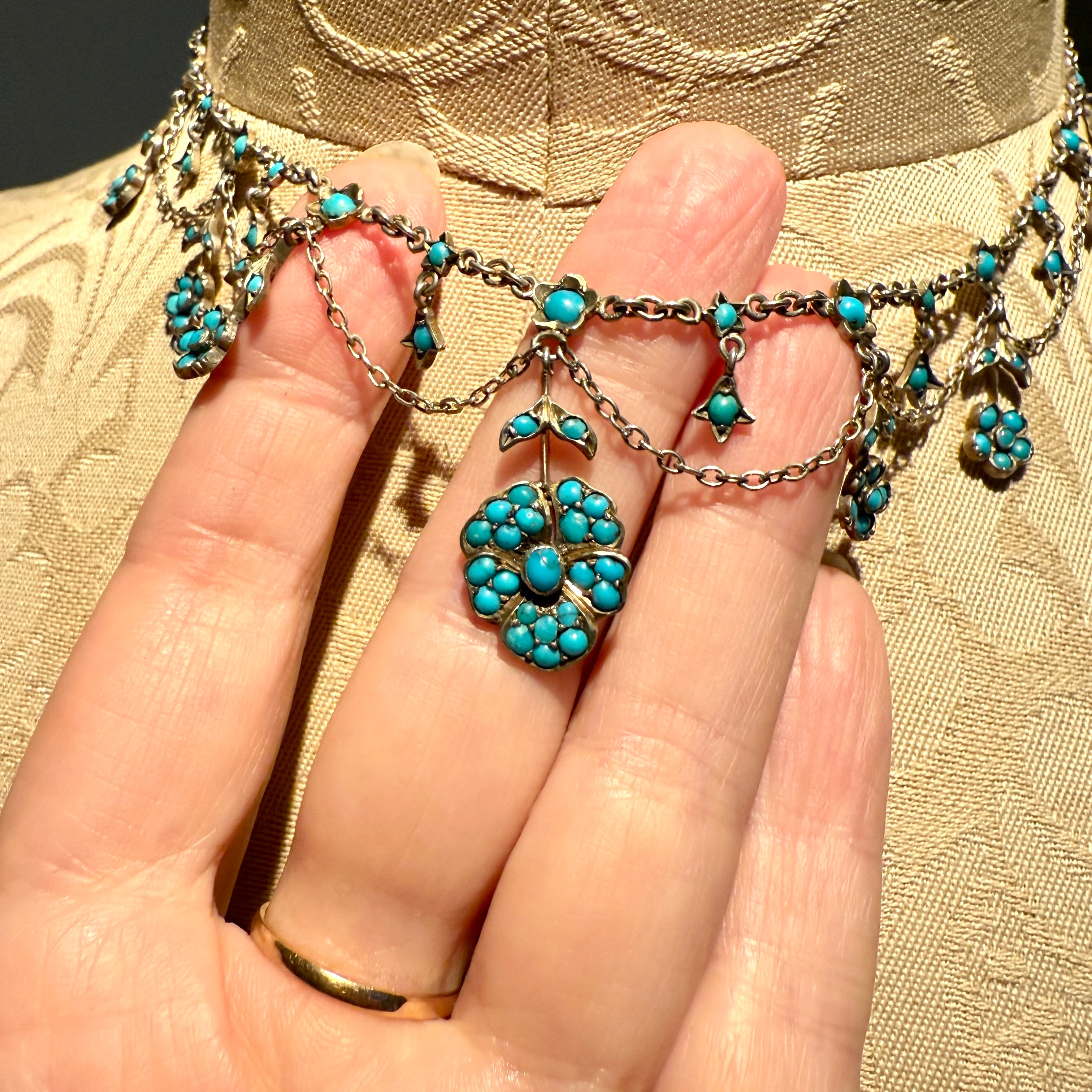 Antique, Victorian Silver & Turquoise floral Swag Festoon Necklace