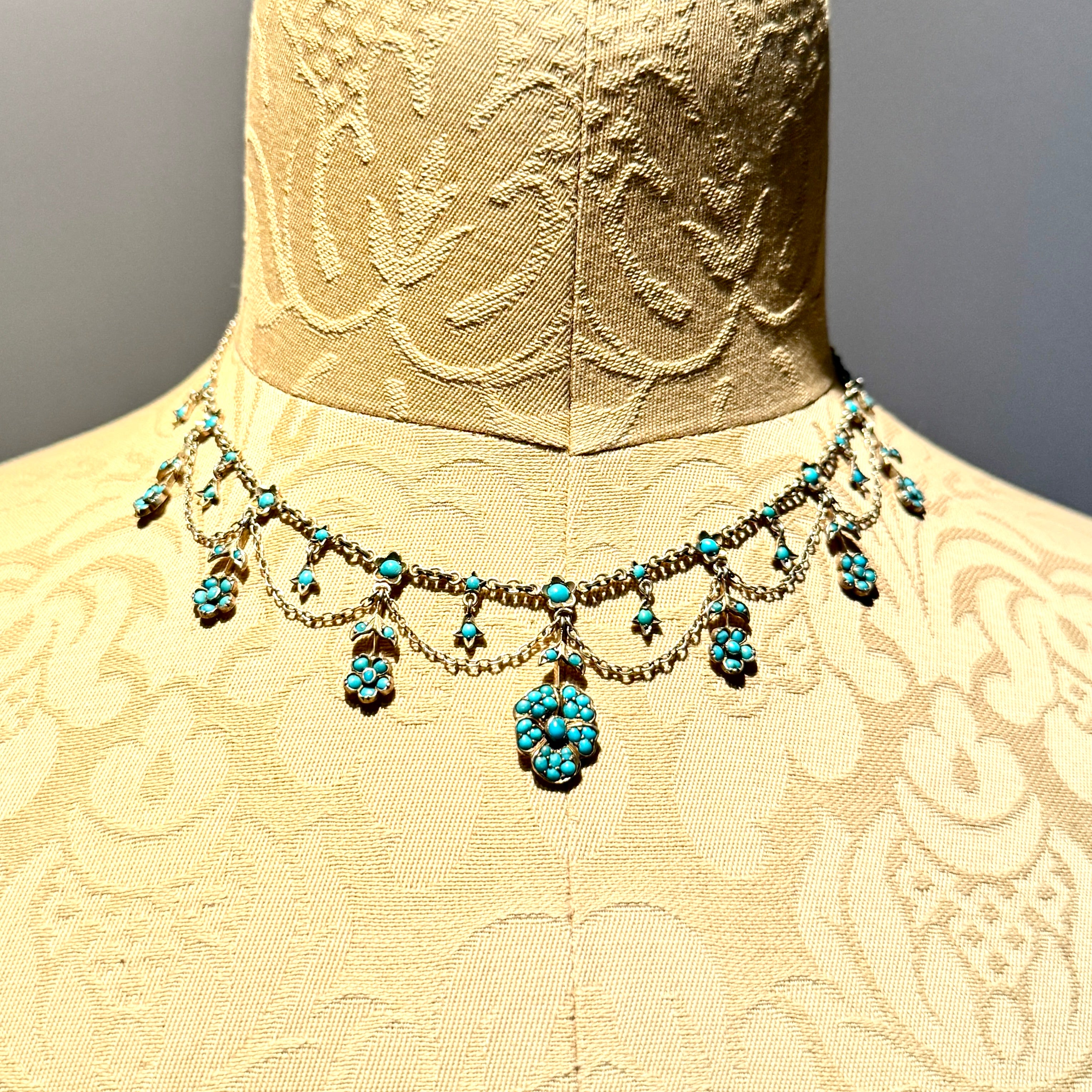 Antique, Victorian Silver & Turquoise floral Swag Festoon Necklace