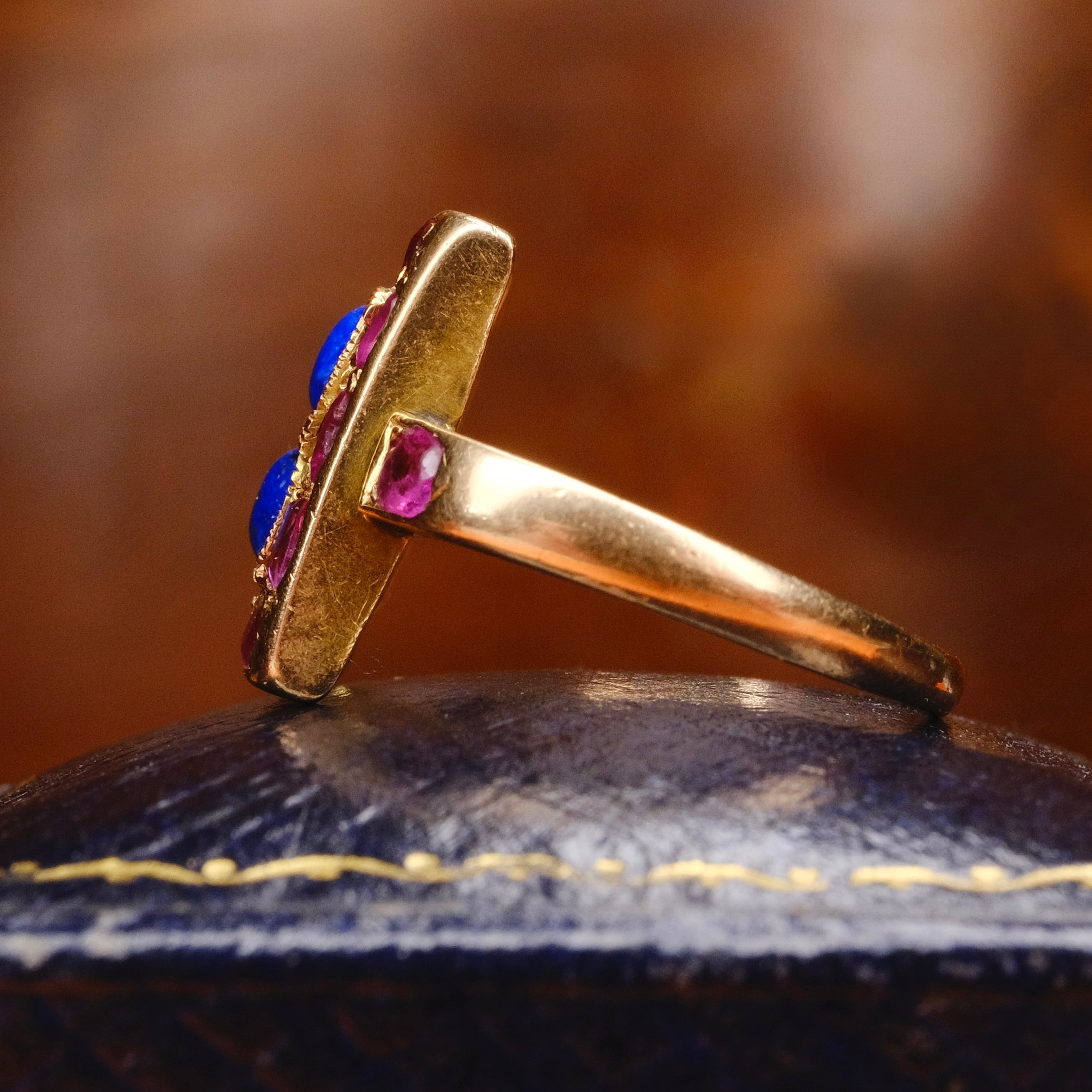 Antique, 18ct Rose Gold, Ruby & Lapis Lazuli Panel Ring