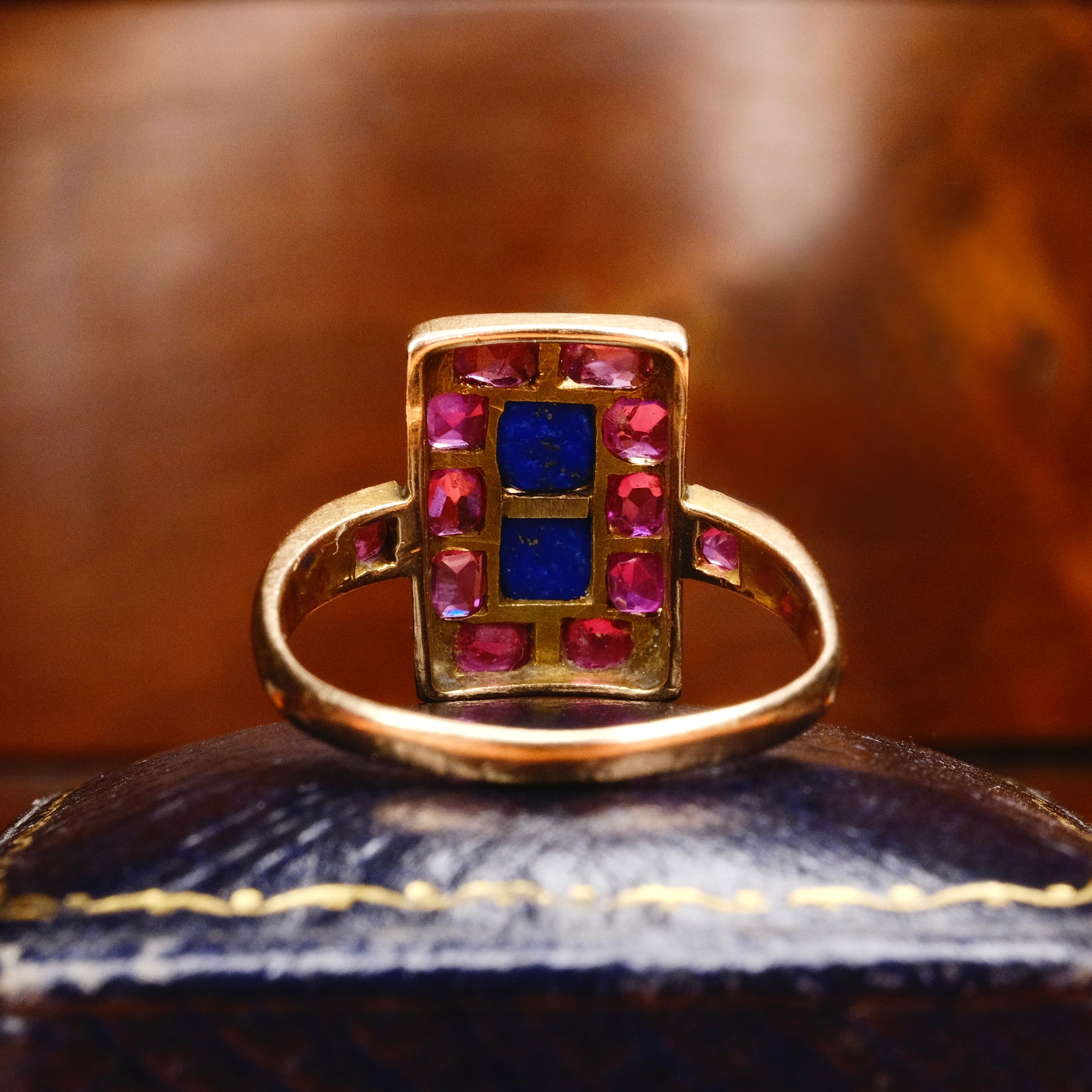 Antique, 18ct Rose Gold, Ruby & Lapis Lazuli Panel Ring