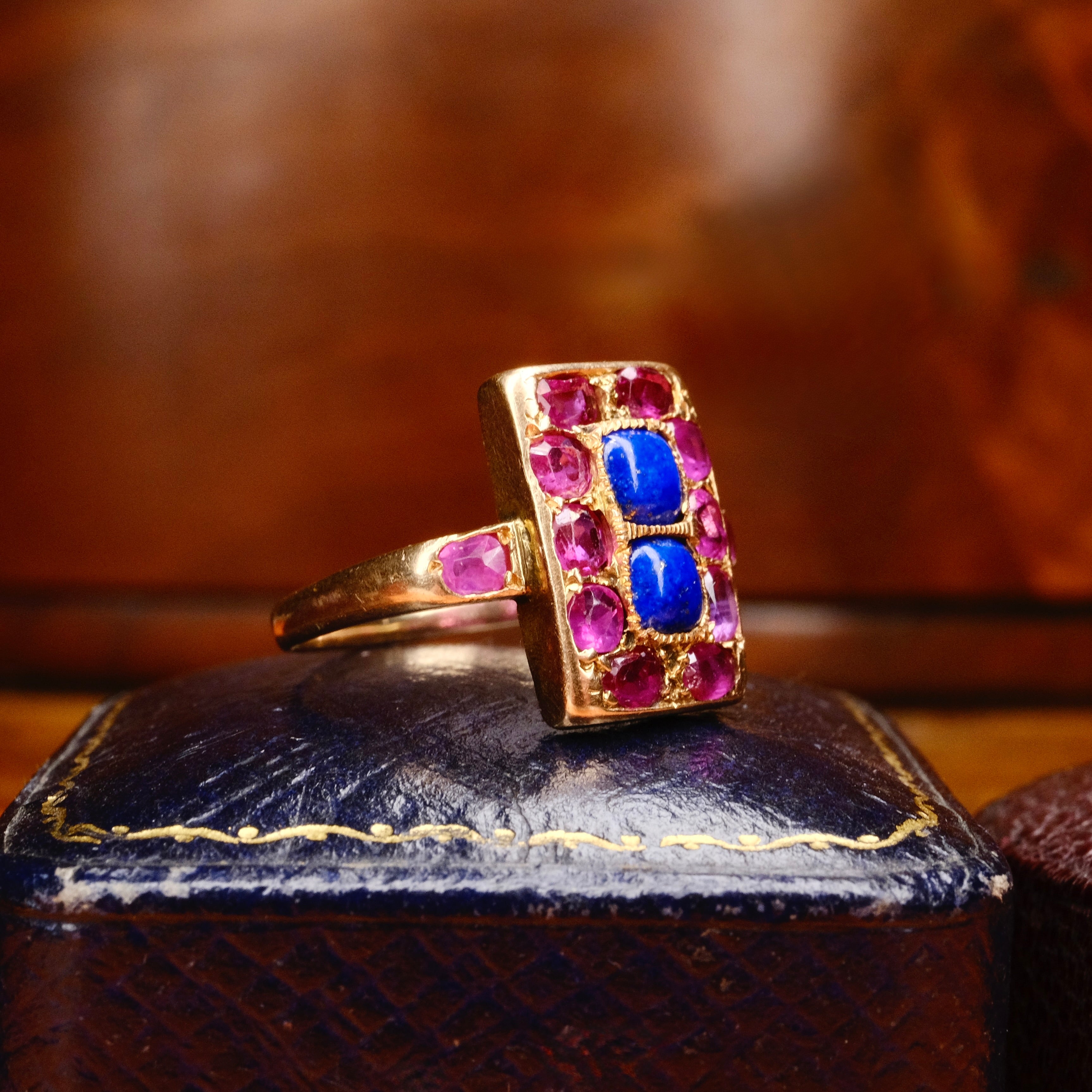 Antique, 18ct Rose Gold, Ruby & Lapis Lazuli Panel Ring