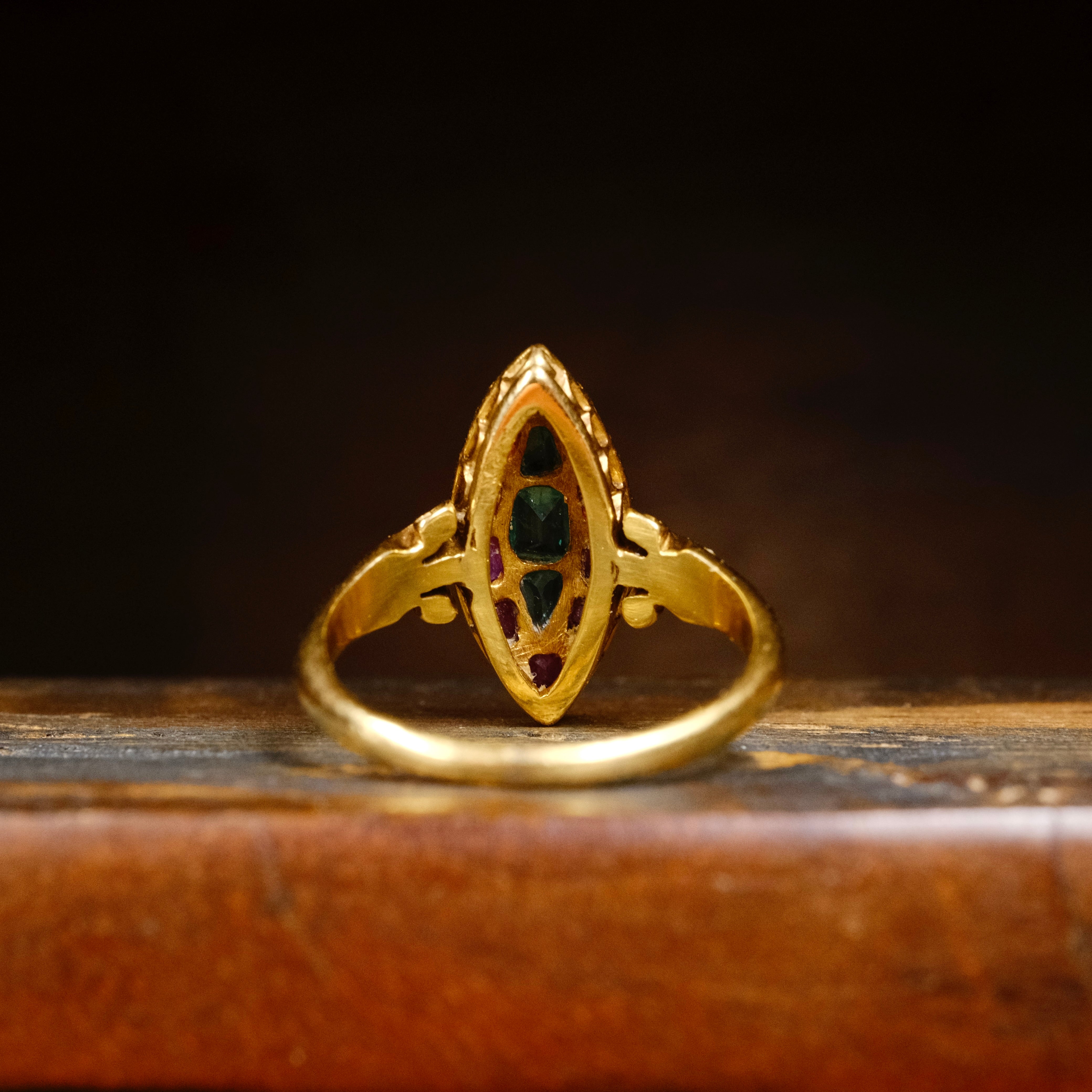 Antique, Victorian 18ct Gold, Emerald & Ruby Navette Ring