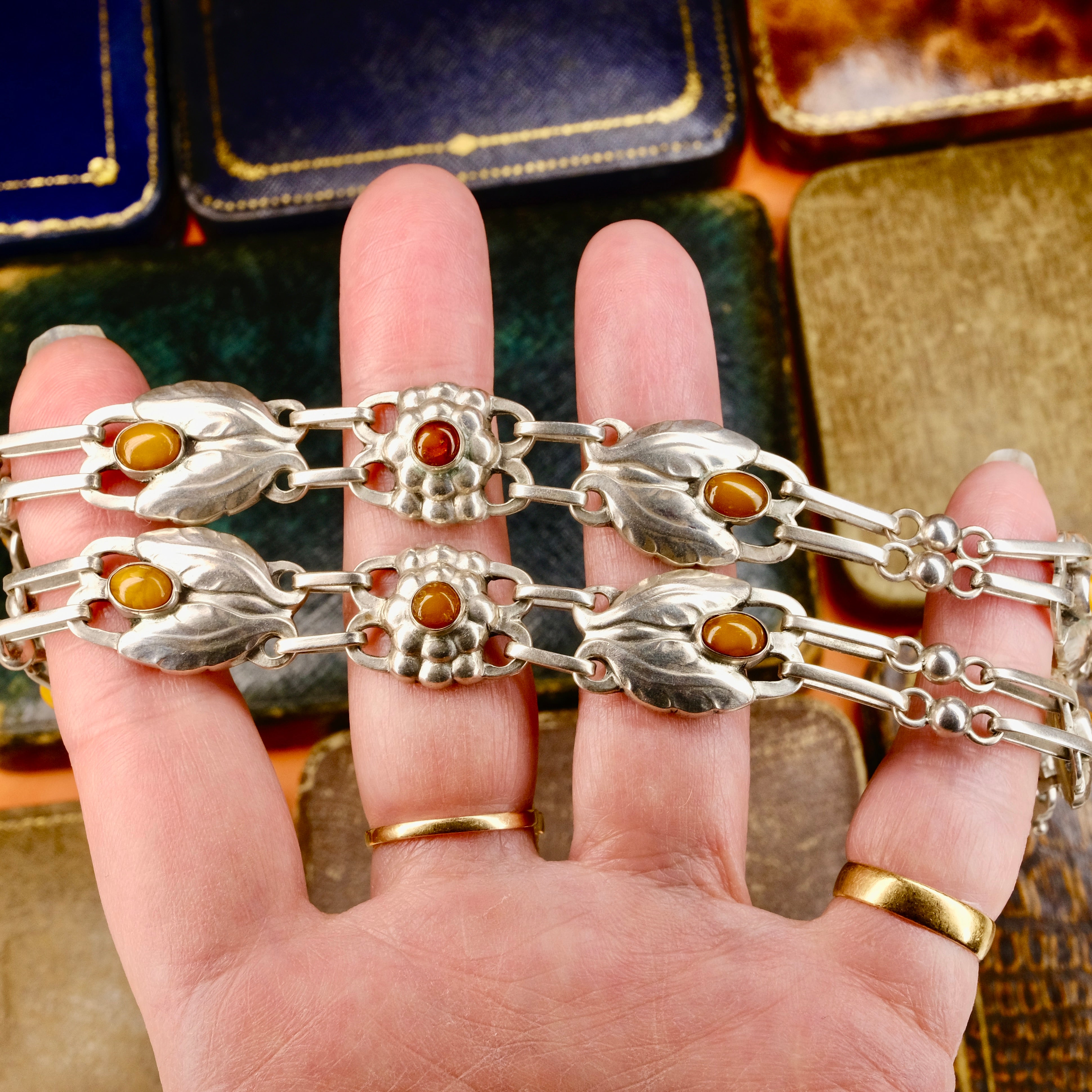 Rare, Early 830 Silver Georg Jensen, Necklace No. 1 With Amber Cabochons