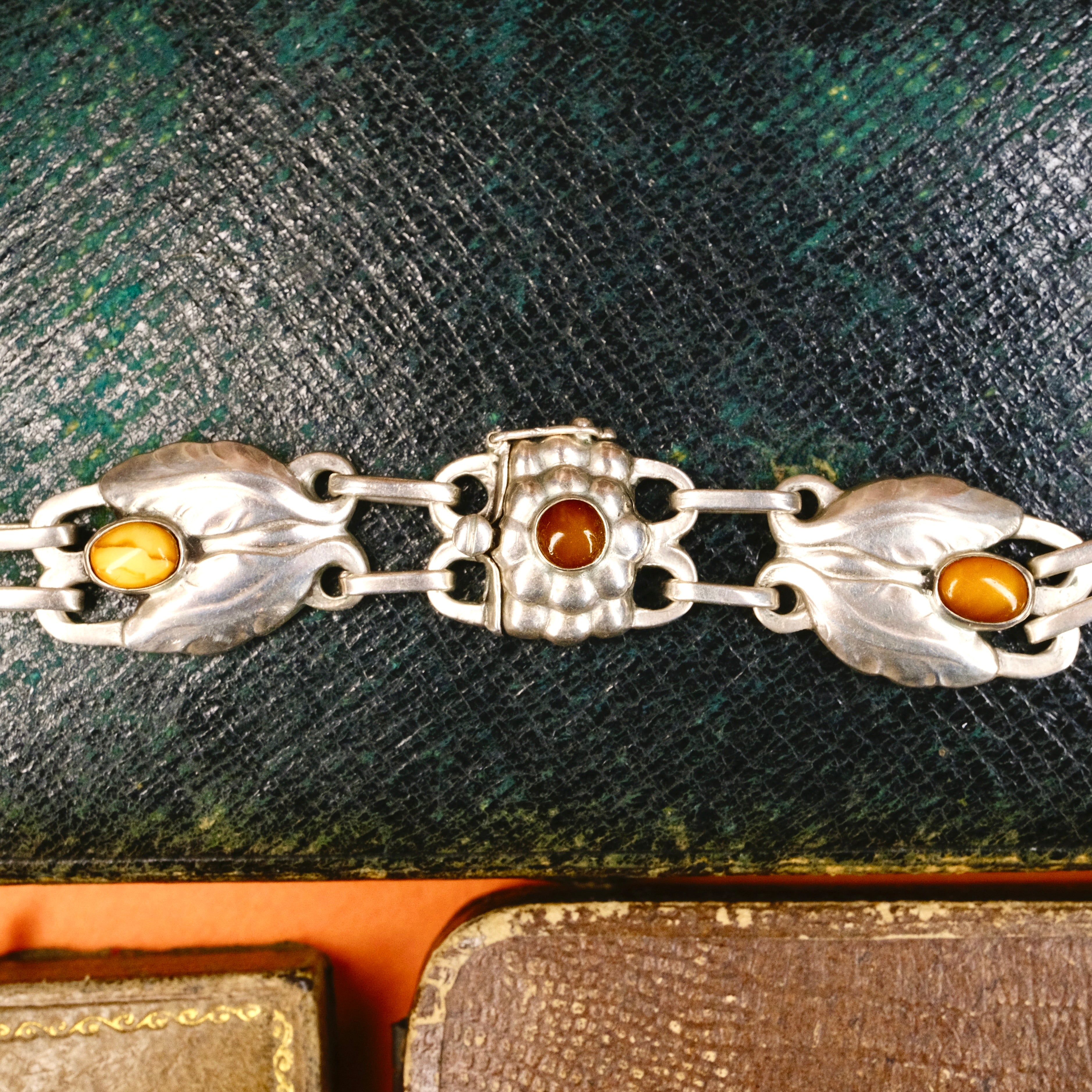 Rare, Early 830 Silver Georg Jensen, Necklace No. 1 With Amber Cabochons