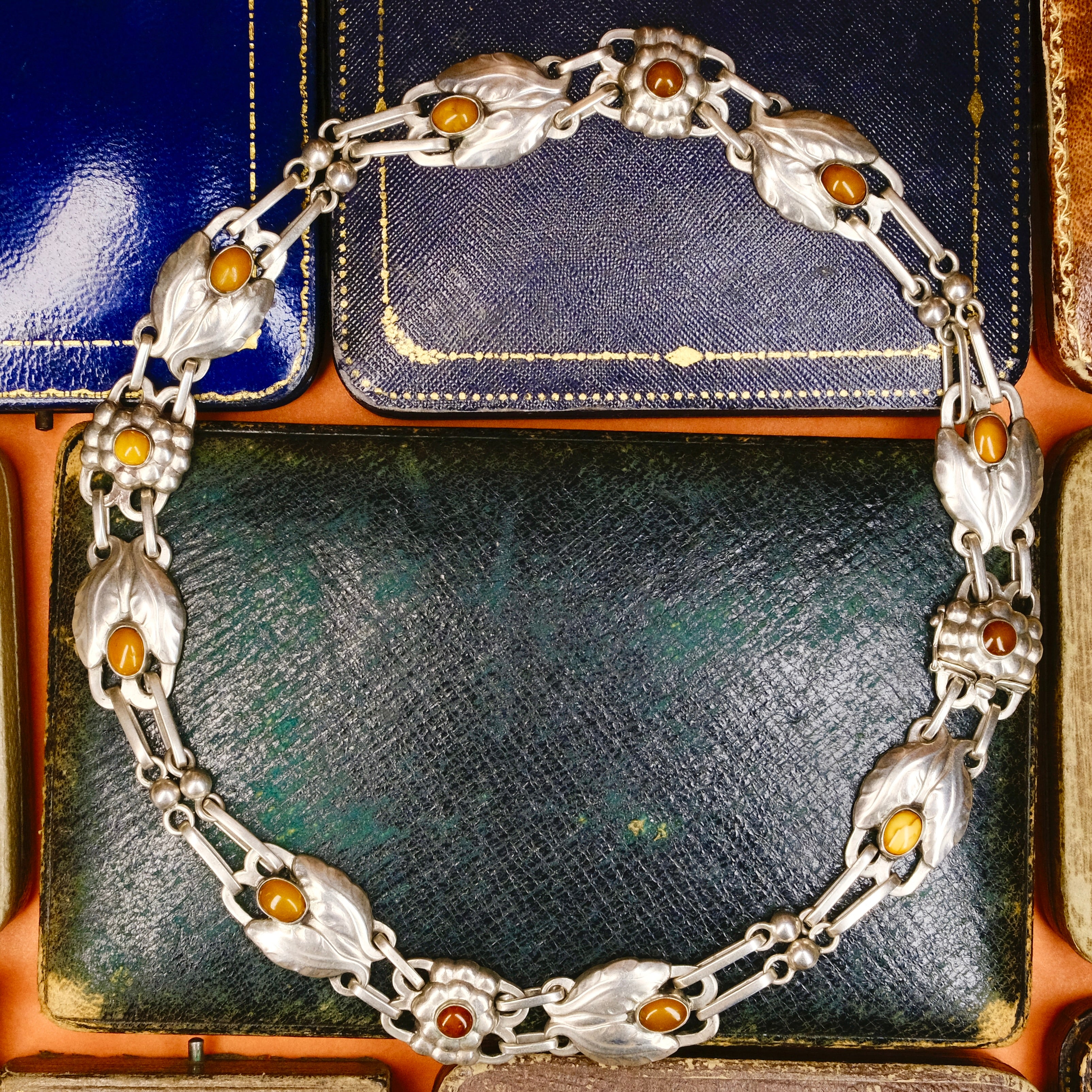 Rare, Early 830 Silver Georg Jensen, Necklace No. 1 With Amber Cabochons