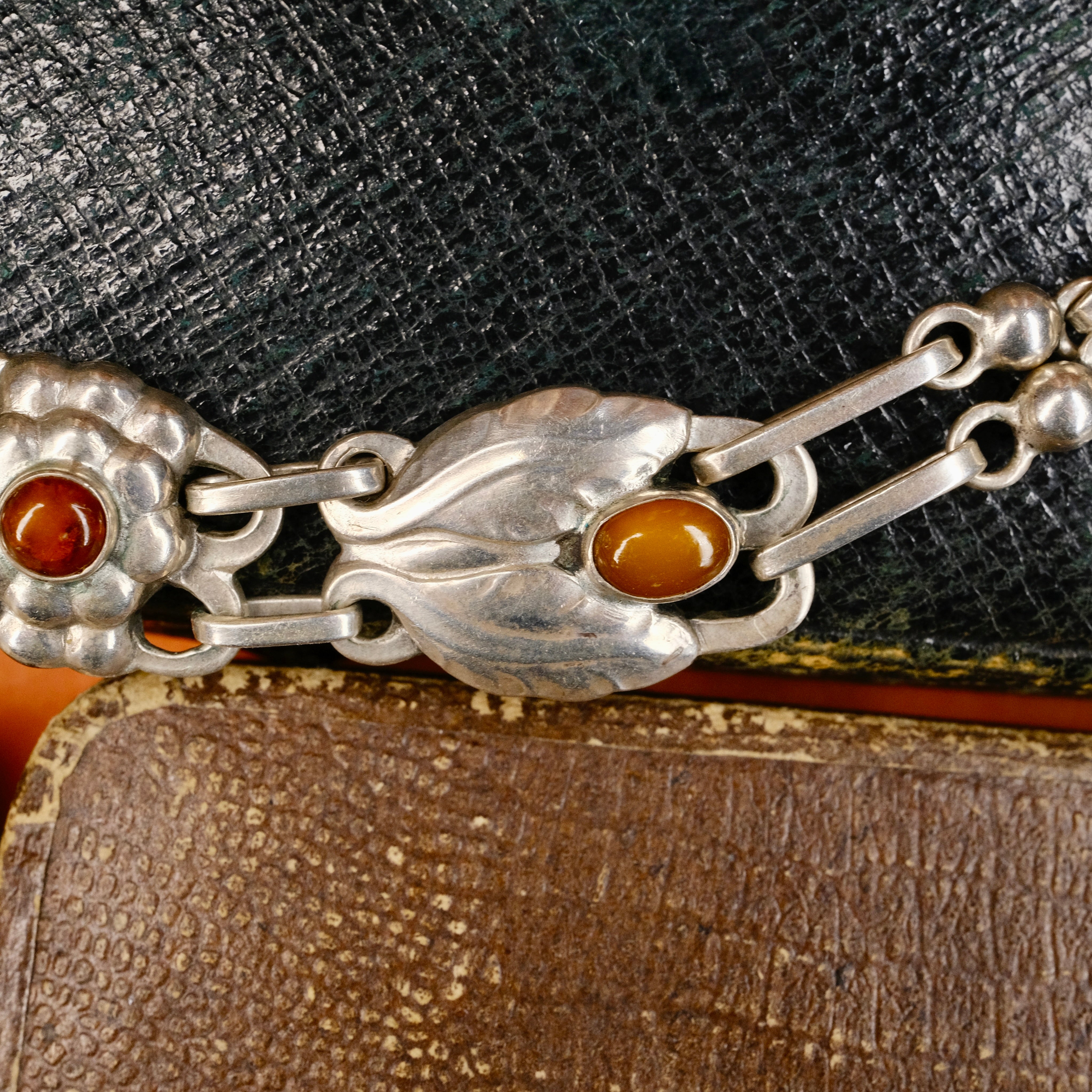 Rare, Early 830 Silver Georg Jensen, Necklace No. 1 With Amber Cabochons