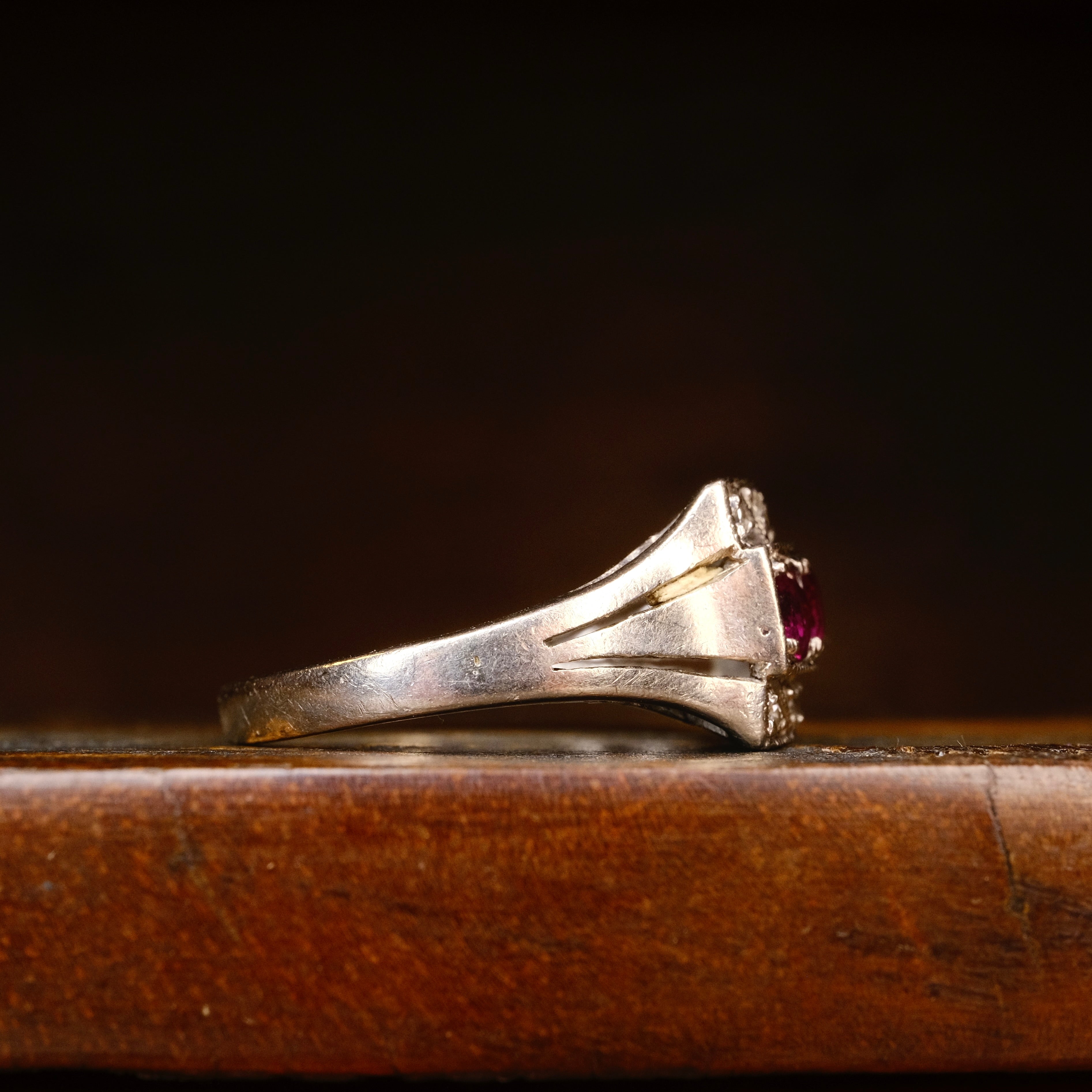 Original Art Deco, 14ct White Gold Natural Ruby & Diamond Panel Ring