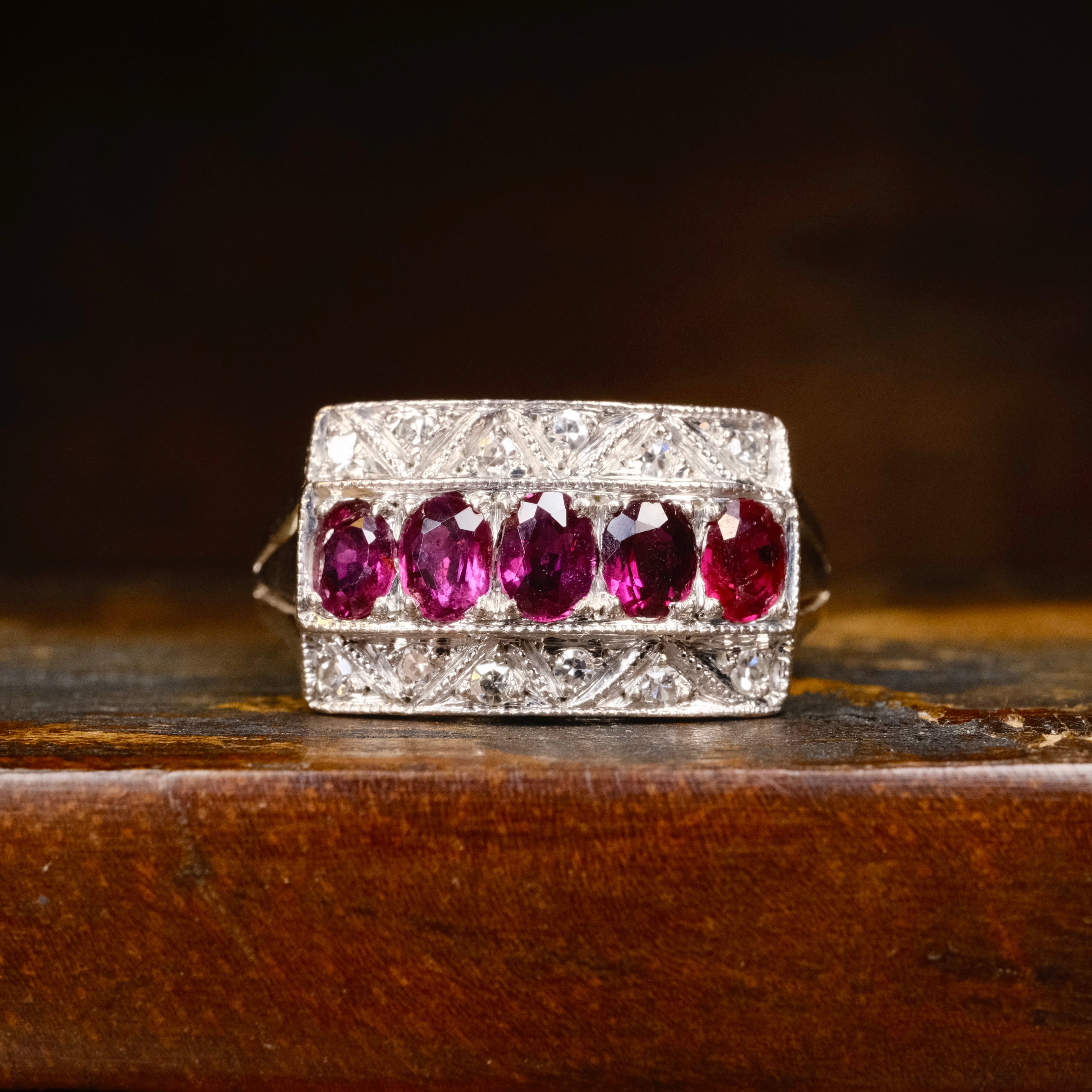 Original Art Deco, 14ct White Gold Natural Ruby & Diamond Panel Ring