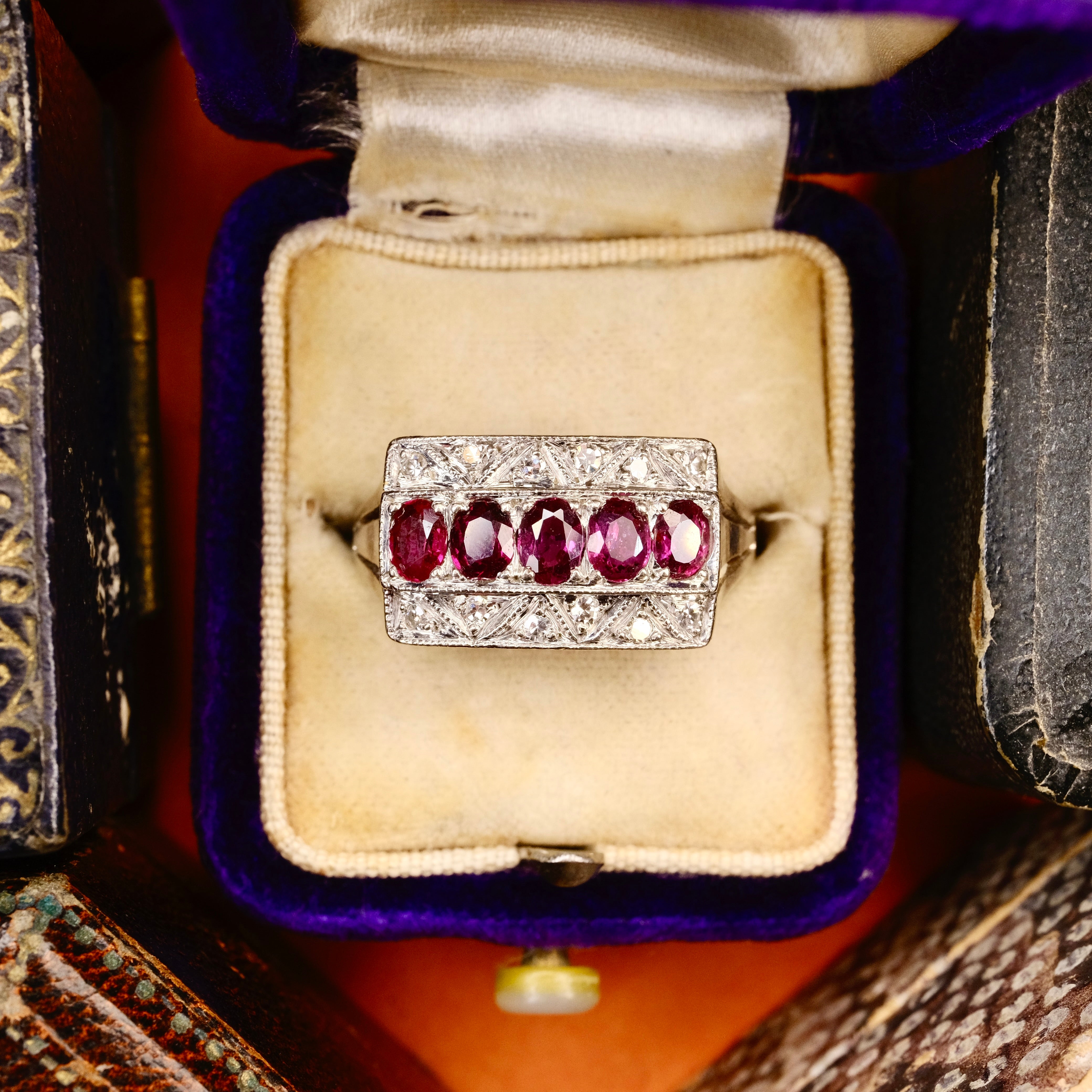 Original Art Deco, 14ct White Gold Natural Ruby & Diamond Panel Ring