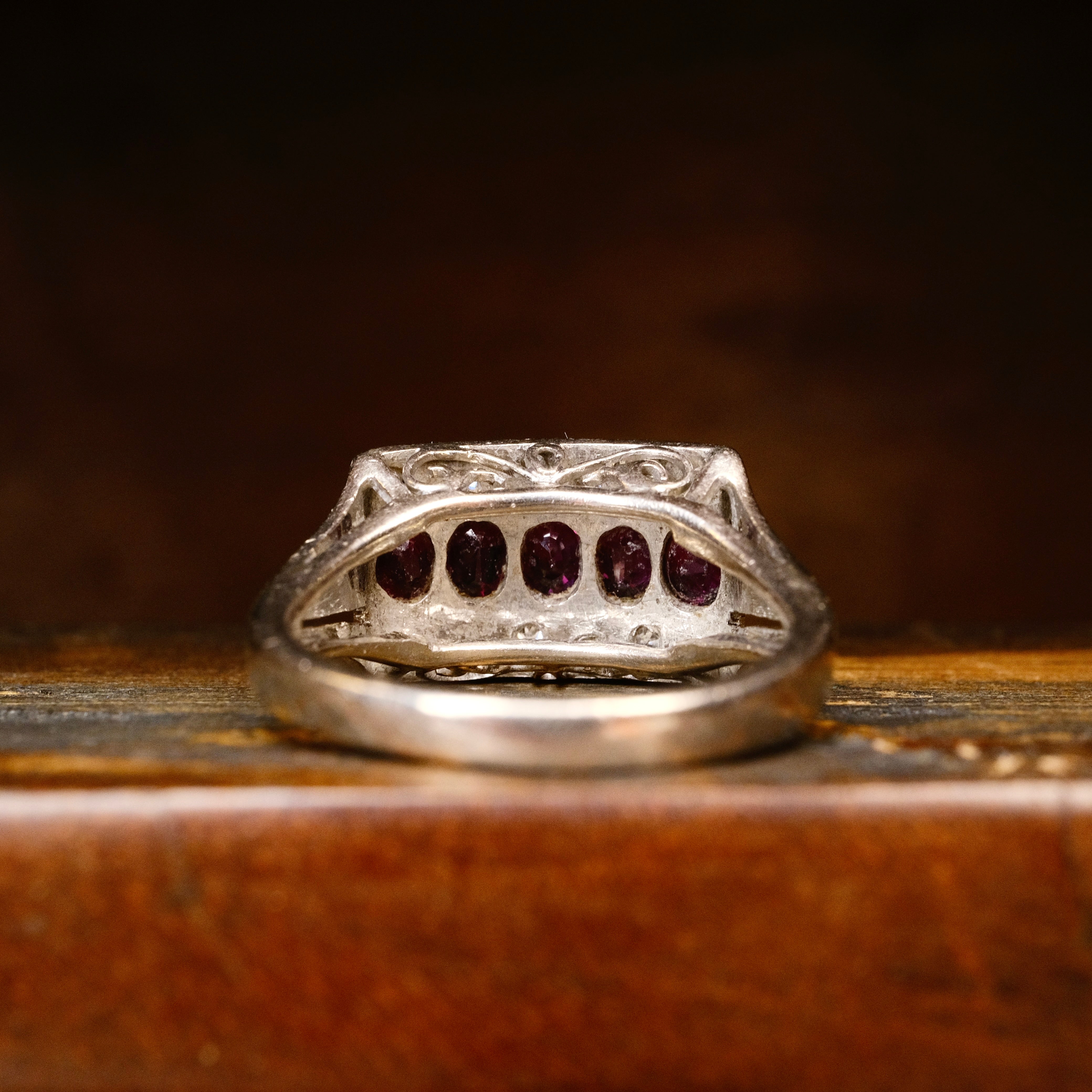 Original Art Deco, 14ct White Gold Natural Ruby & Diamond Panel Ring