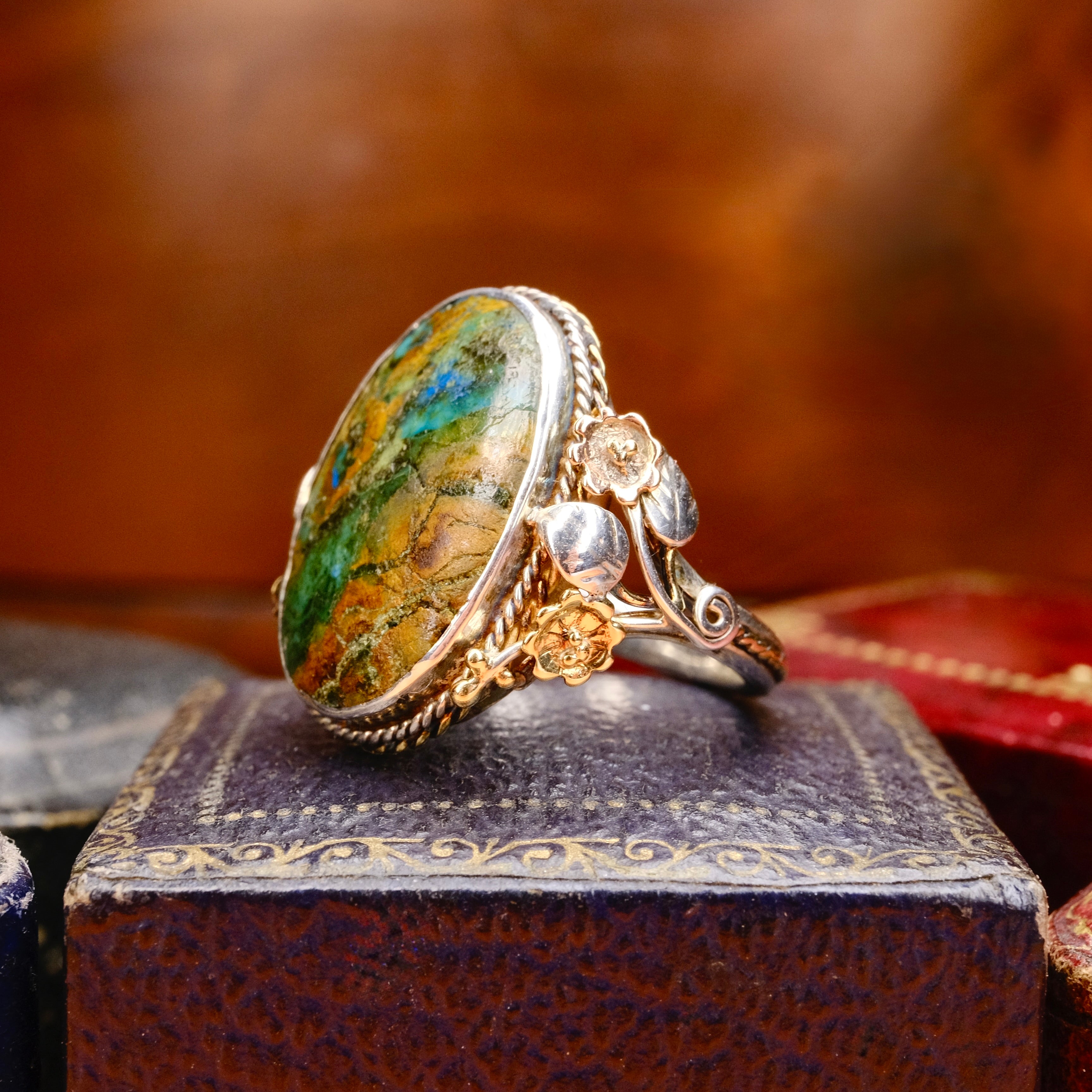 Antique Arts & Crafts Sterling Silver and Gold, Jasper Ring