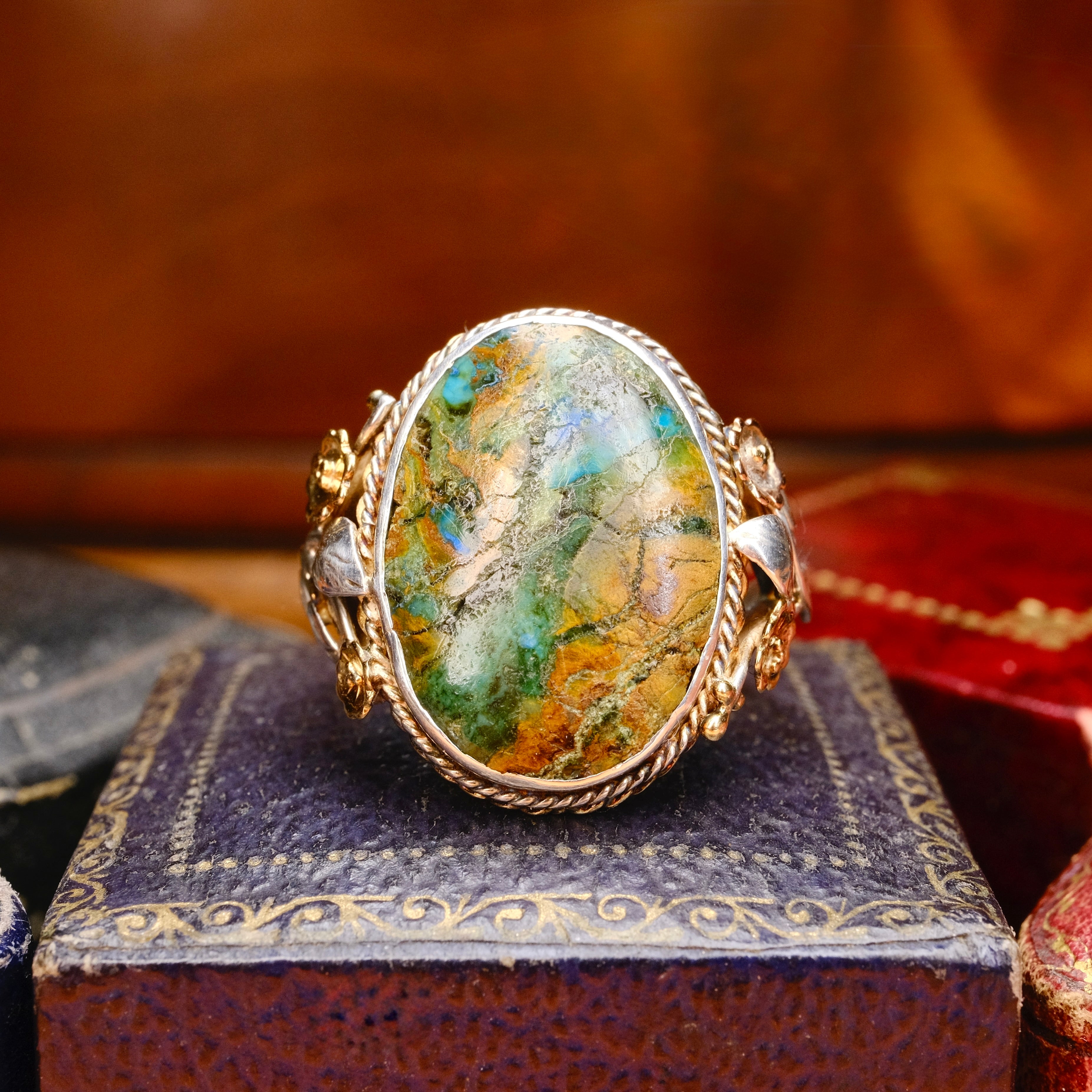 Antique Arts & Crafts Sterling Silver and Gold, Jasper Ring