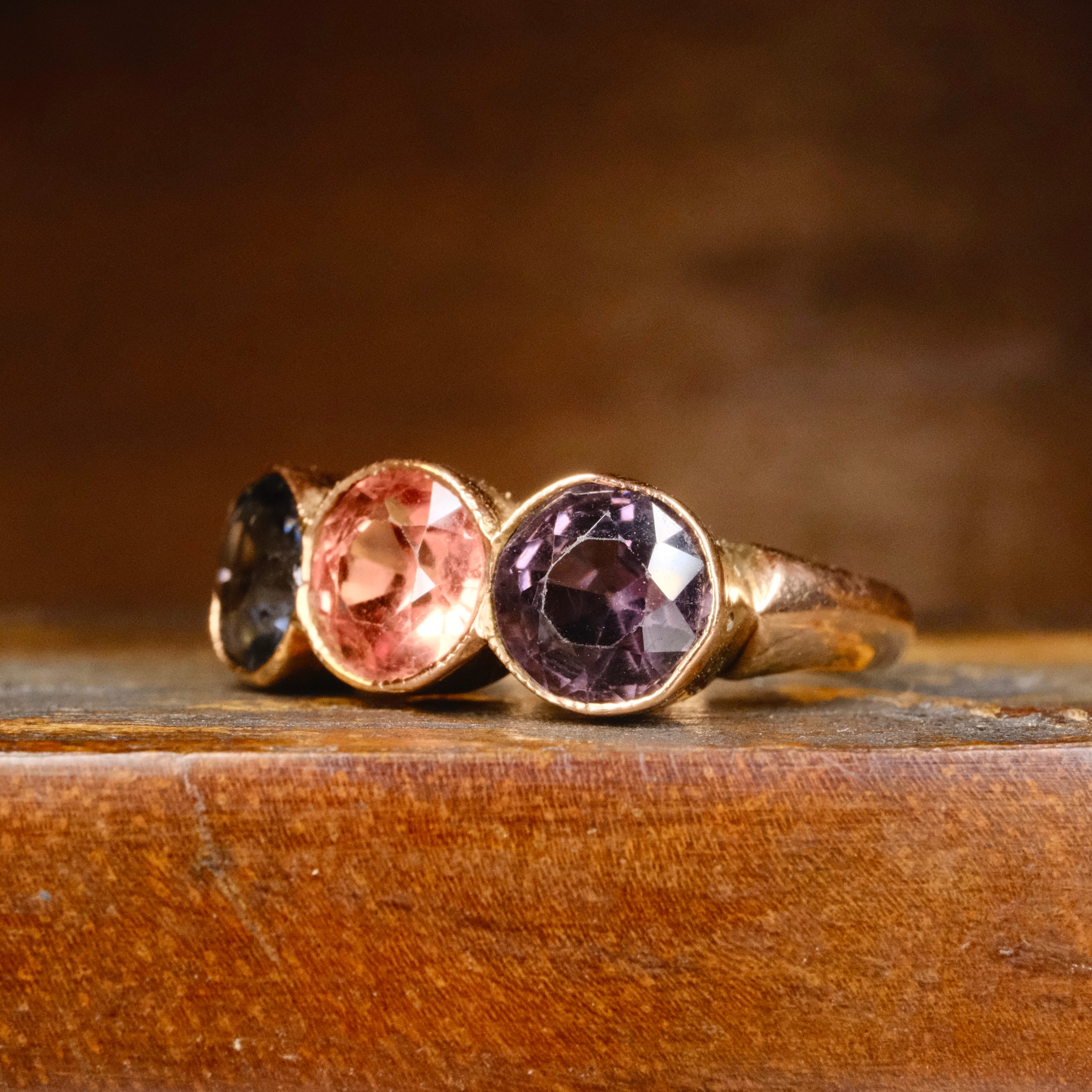 Antique, 9ct Gold, Bezel Set Topaz Trilogy ring