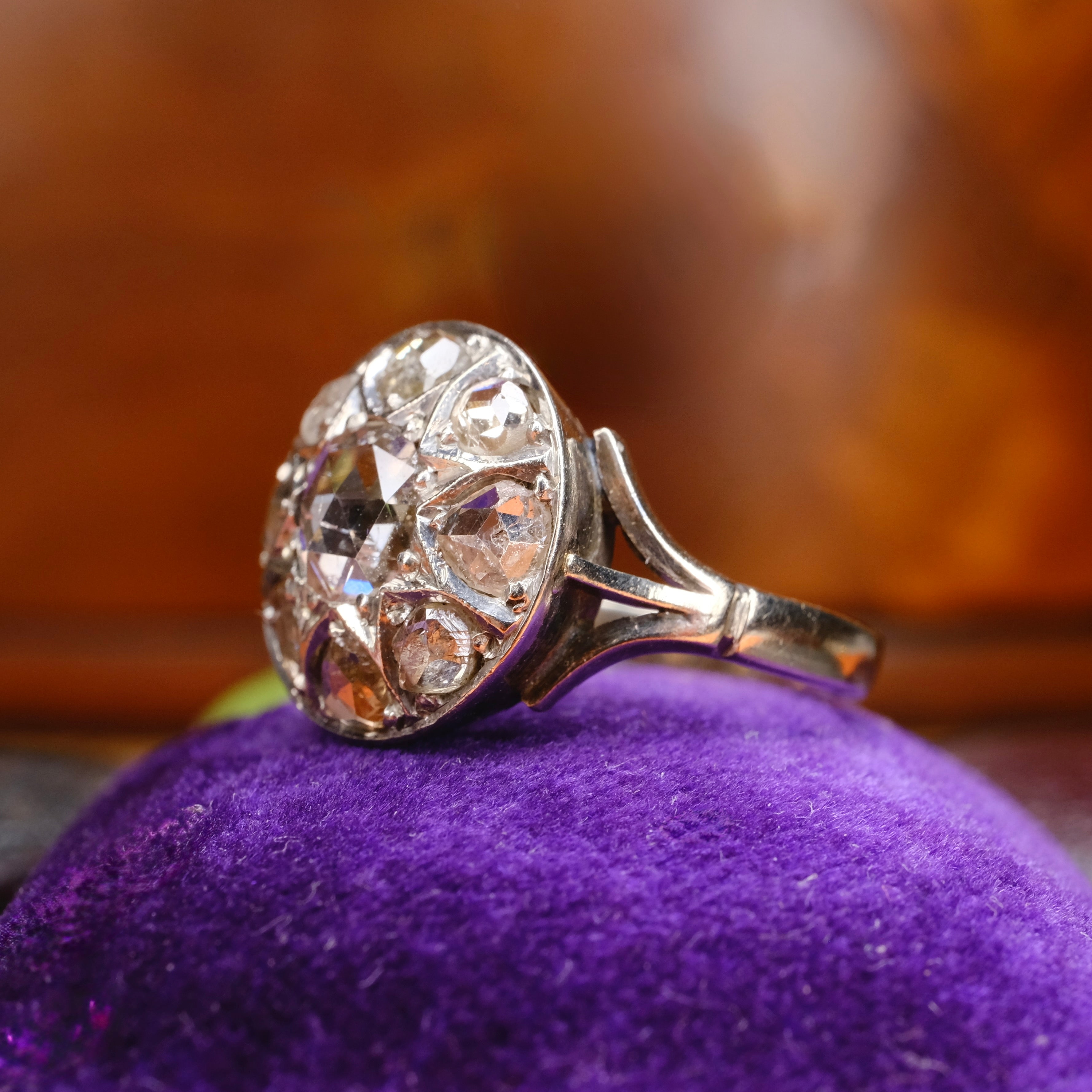 Antique, Rose Cut Diamond White Gold Cluster Ring