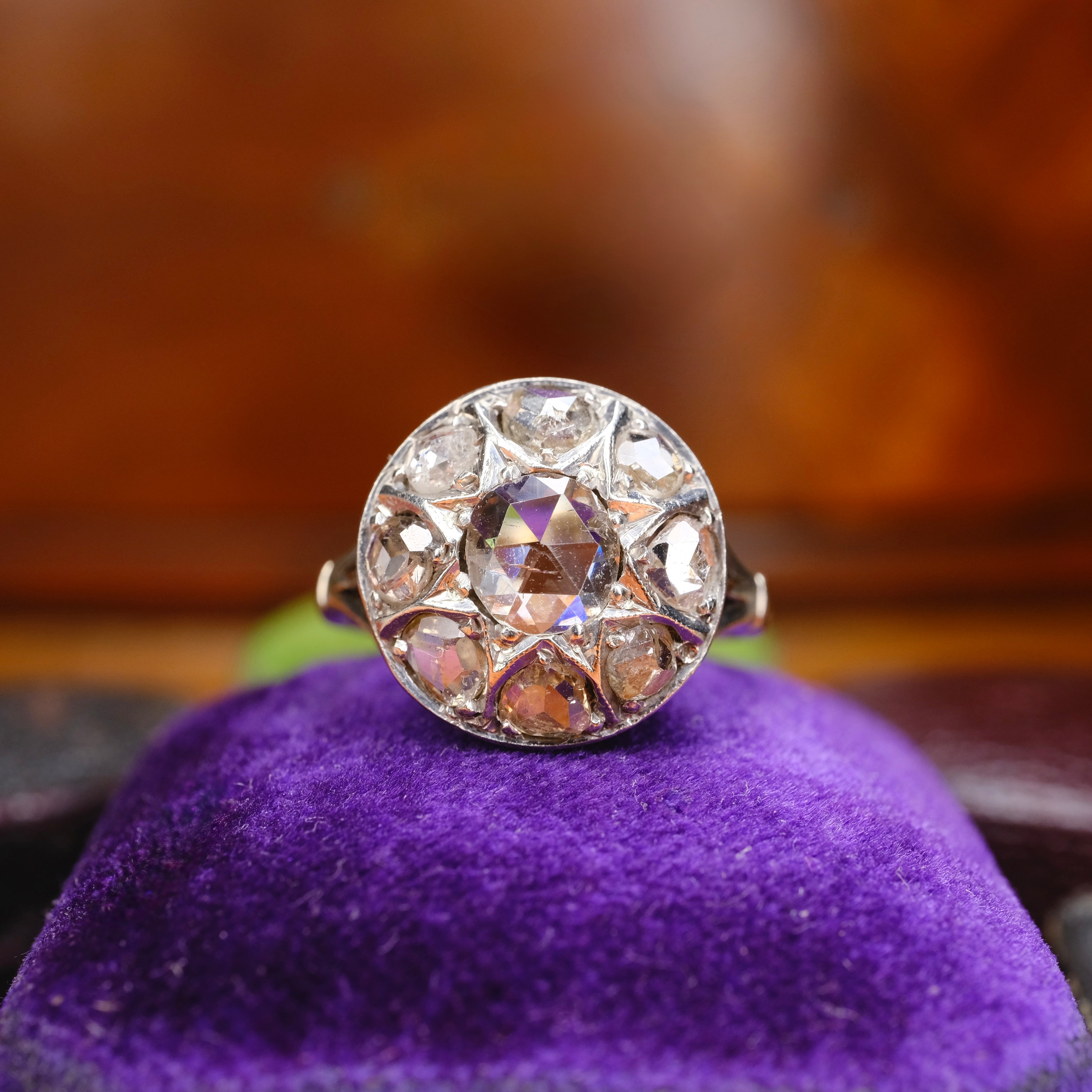 Antique, Rose Cut Diamond White Gold Cluster Ring