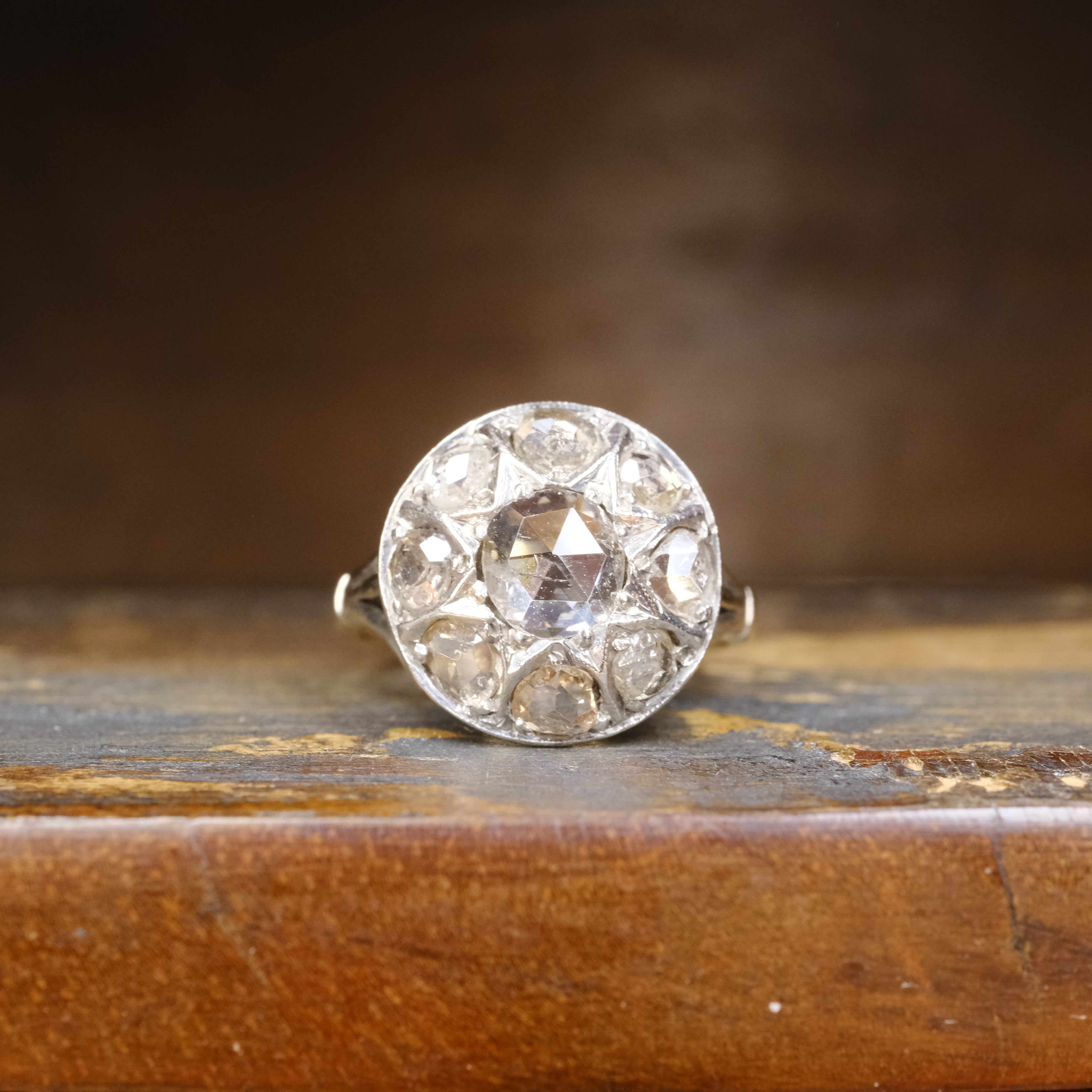 Antique, Rose Cut Diamond White Gold Cluster Ring