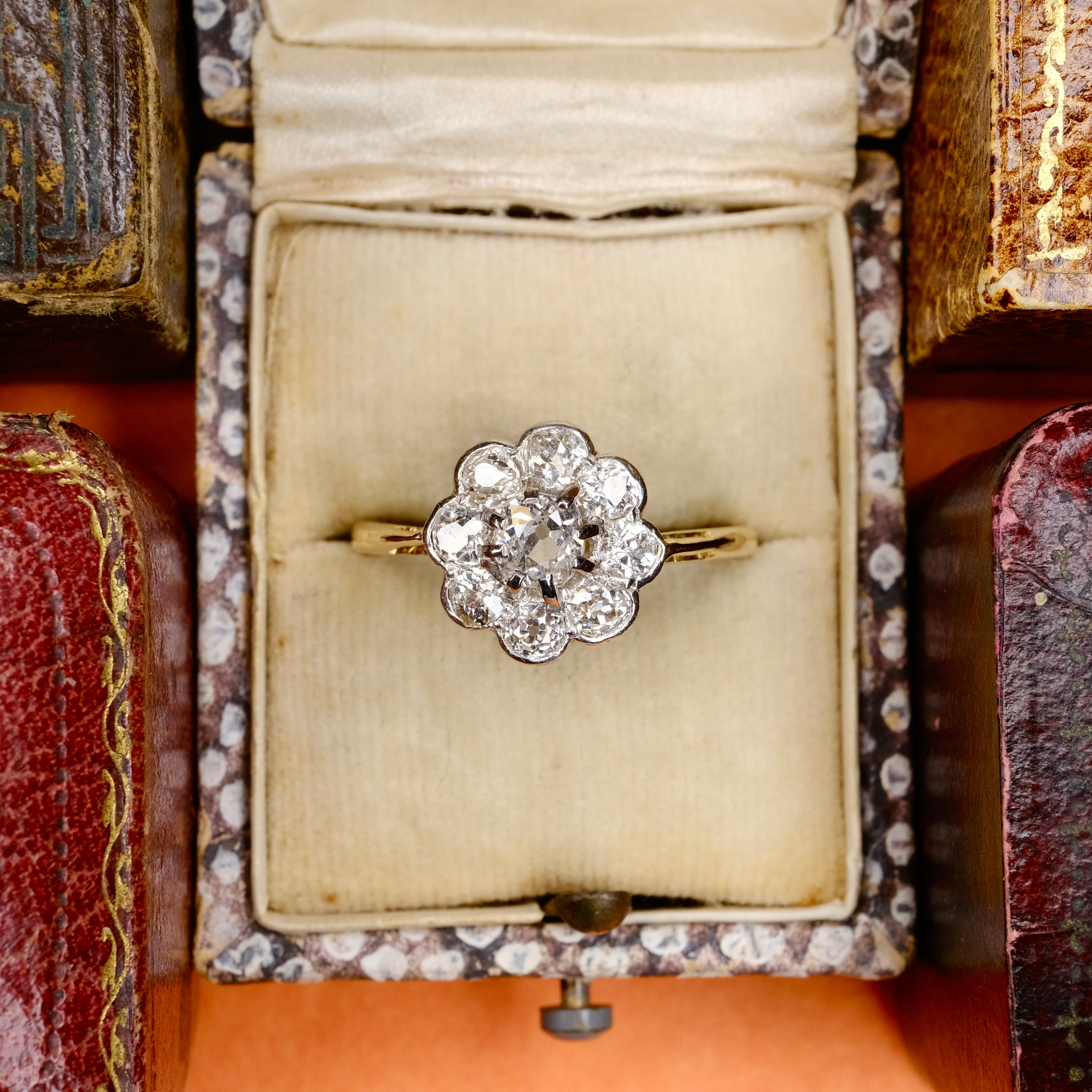 Antique, Early 20th Century, 18ct Gold, 1.1 Carat Old Cut Diamond Daisy Cluster Ring