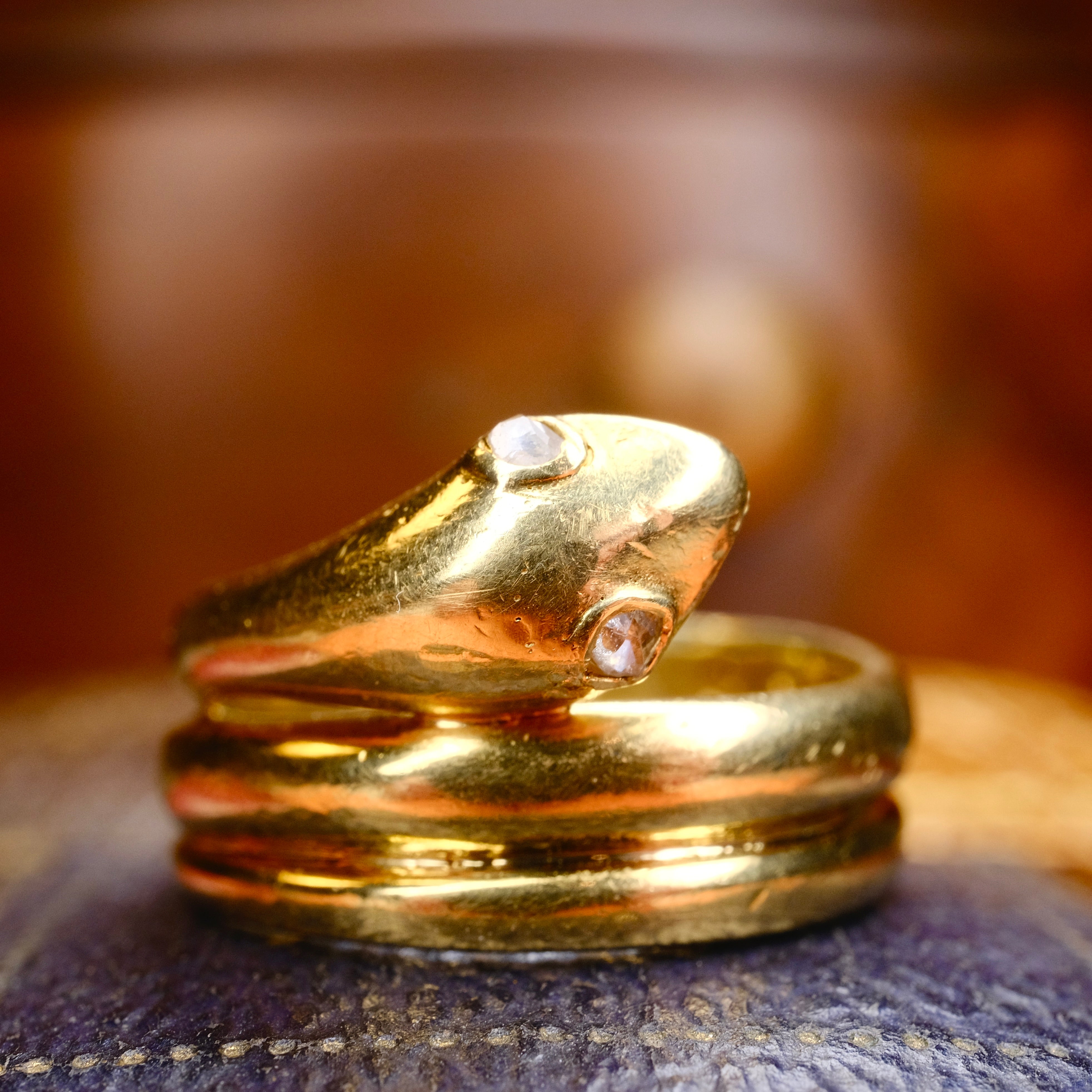 Antique 18ct Gold Snake ring, Rose Cut Diamond Eyes