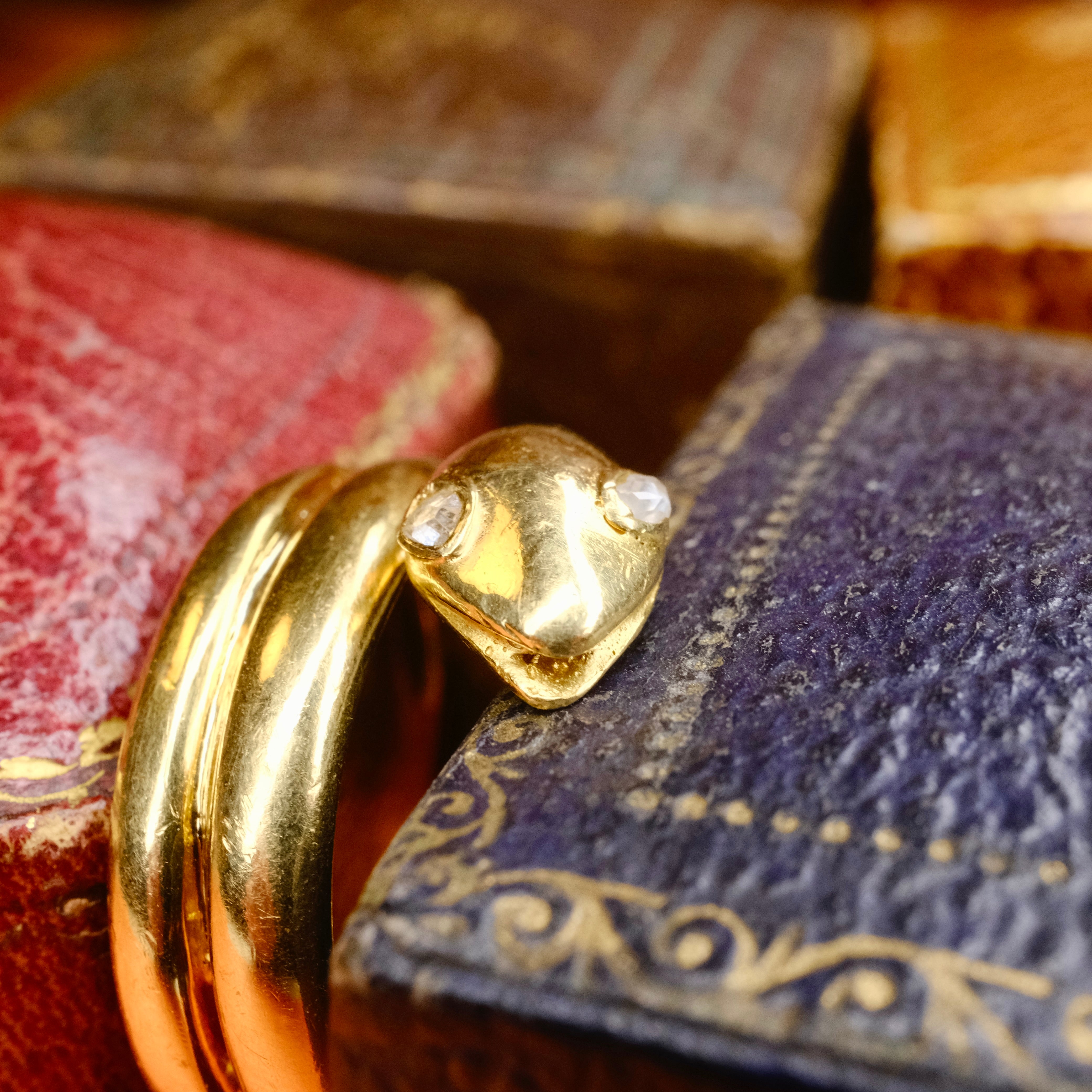 Antique 18ct Gold Snake ring, Rose Cut Diamond Eyes