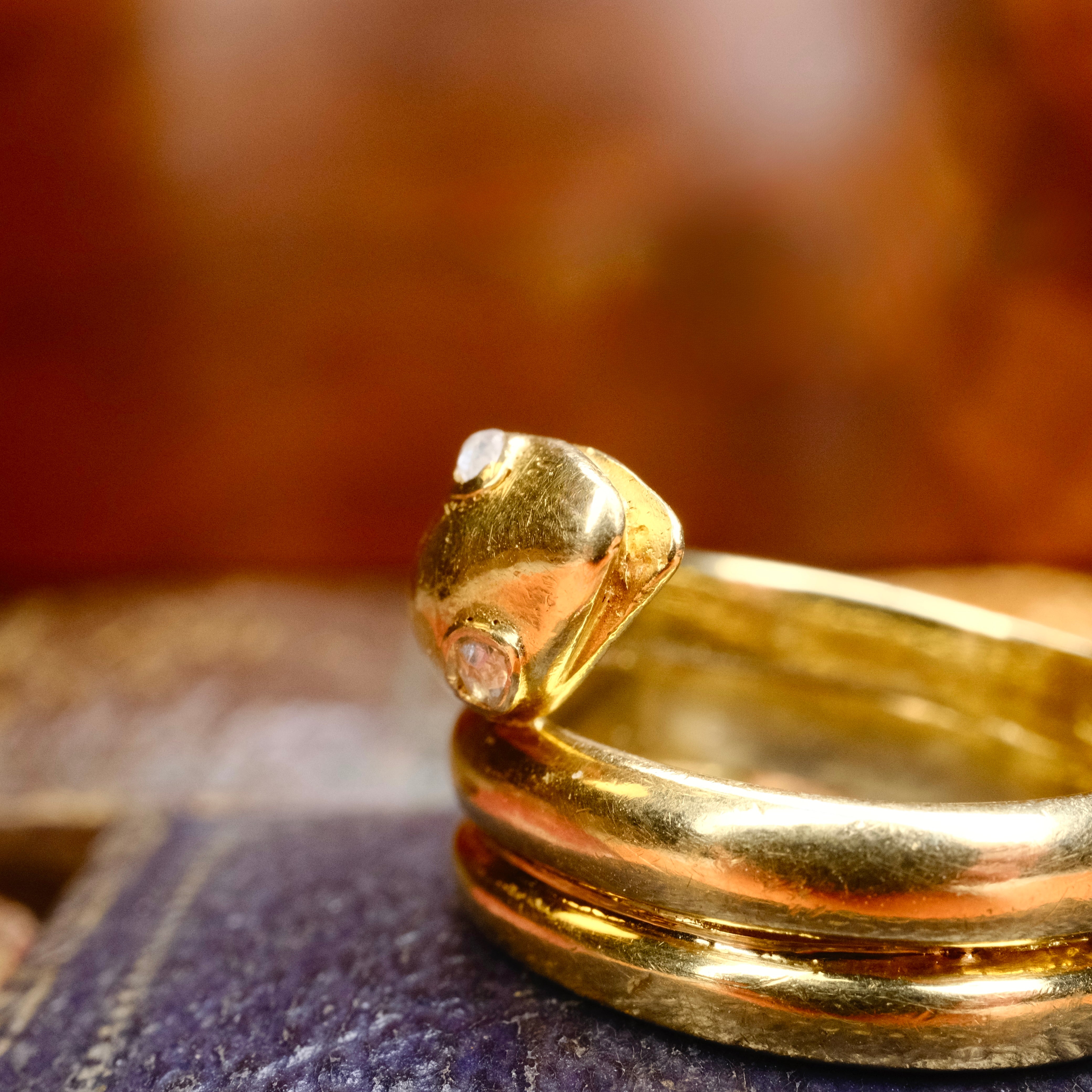 Antique 18ct Gold Snake ring, Rose Cut Diamond Eyes