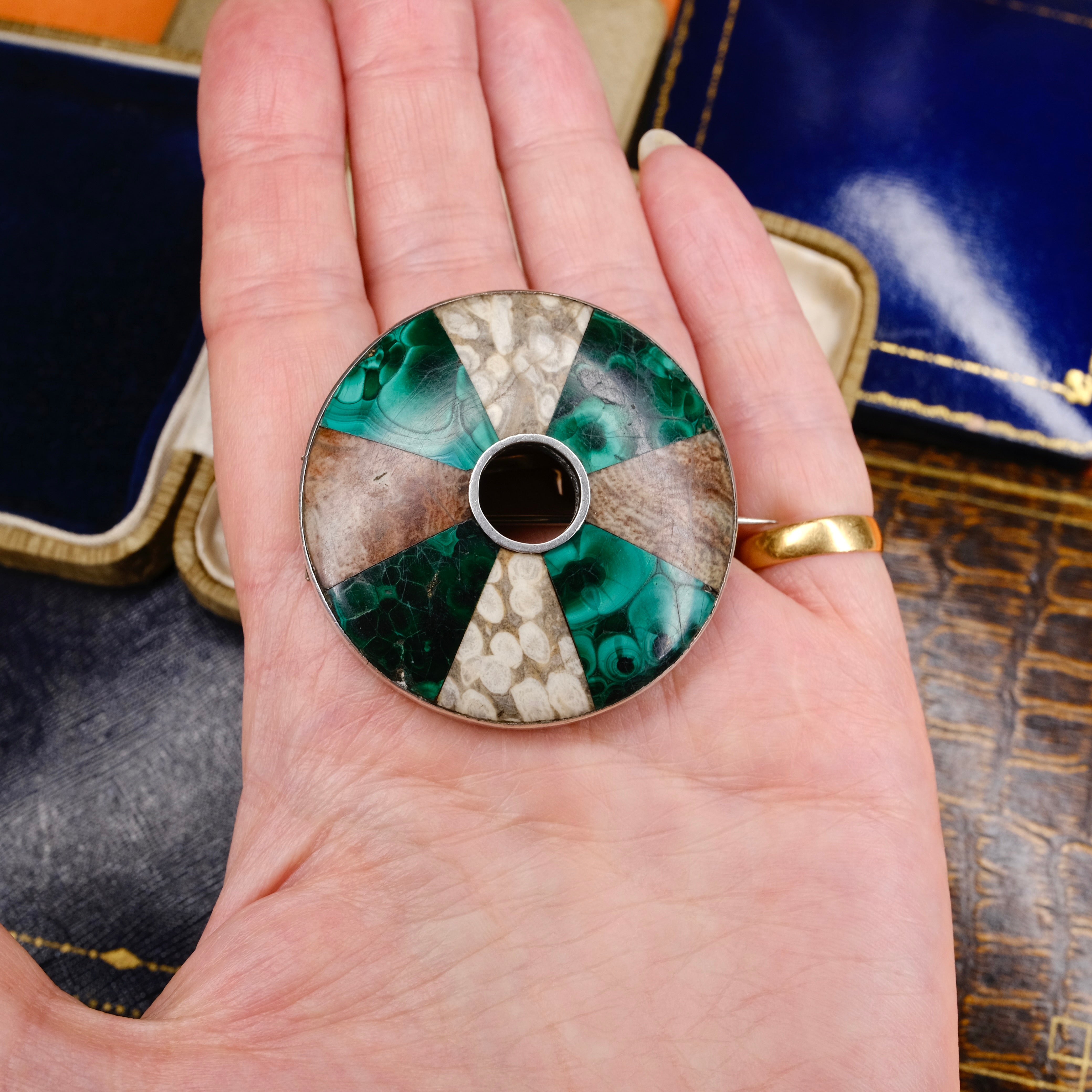 Victorian, Large Silver Scottish Malachite & Jasper Brooch