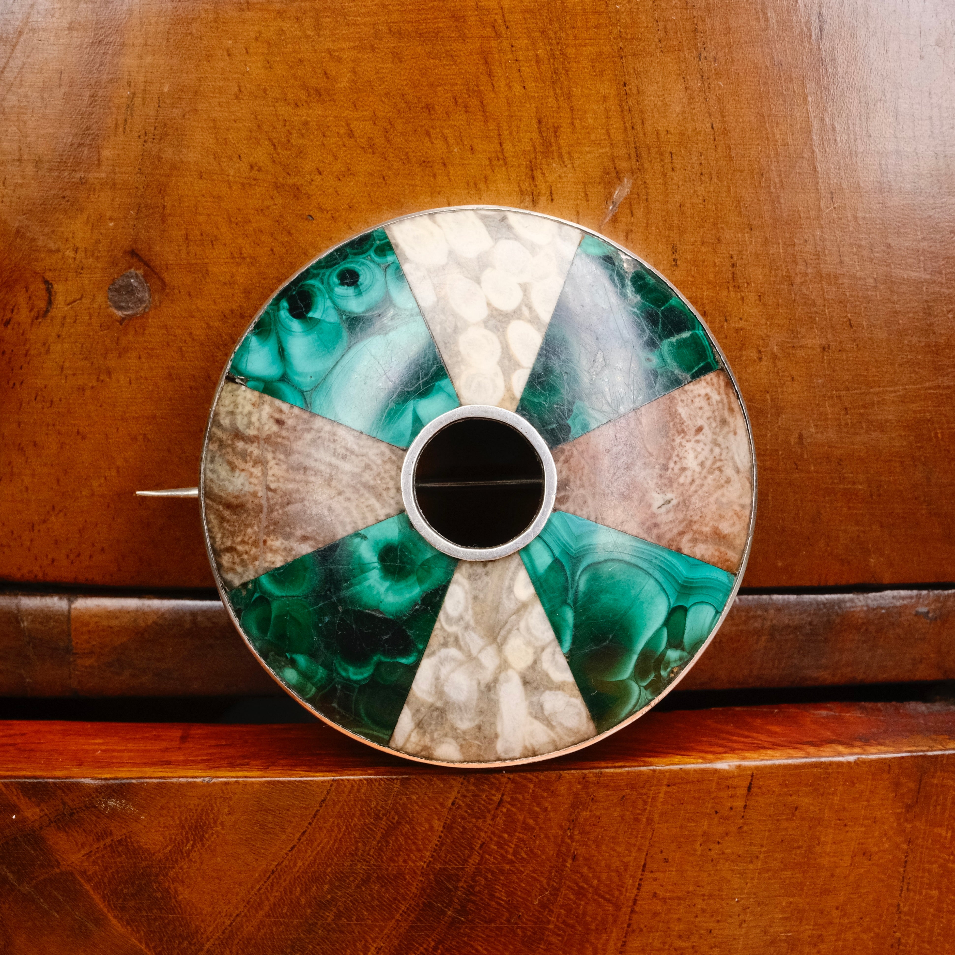 Victorian, Large Silver Scottish Malachite & Jasper Brooch