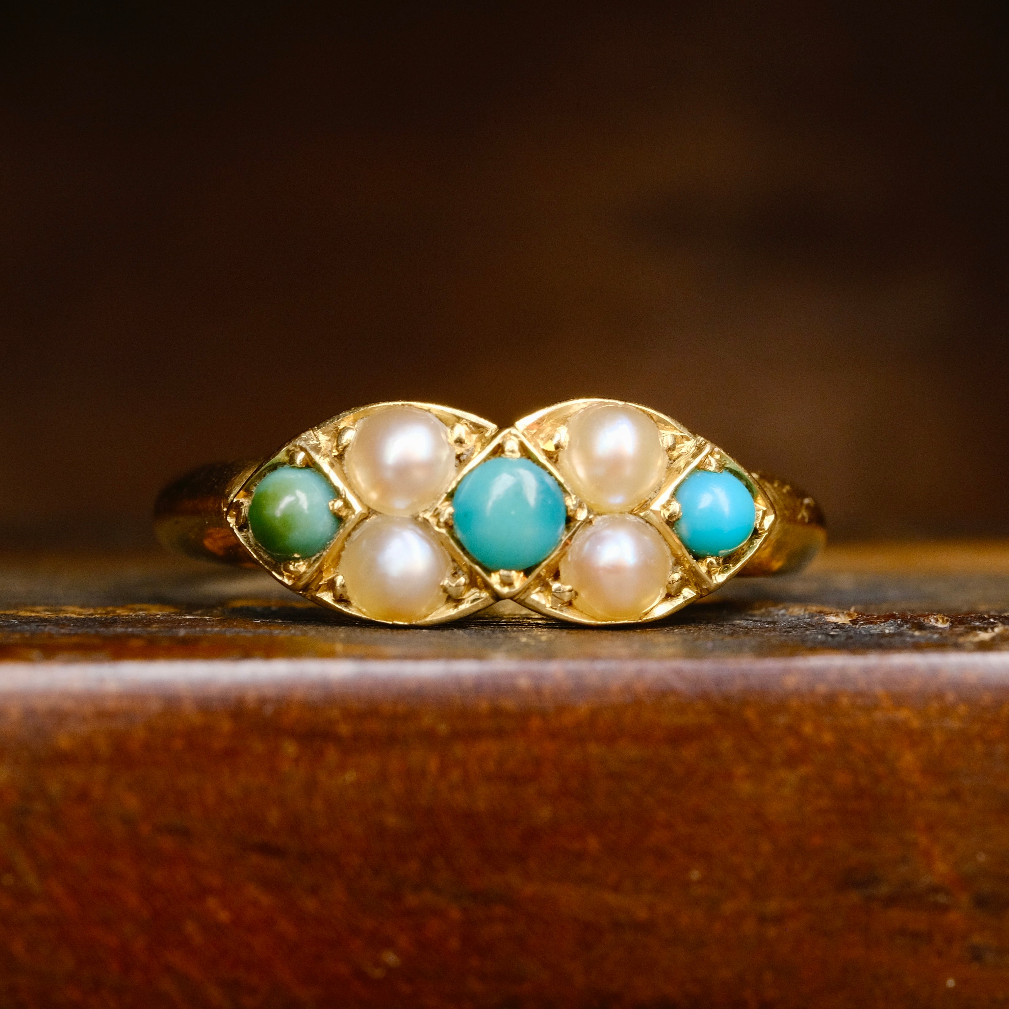 Antique Edwardian 18ct Gold, Turquoise & Pearl Ring, London Hallmark 1902