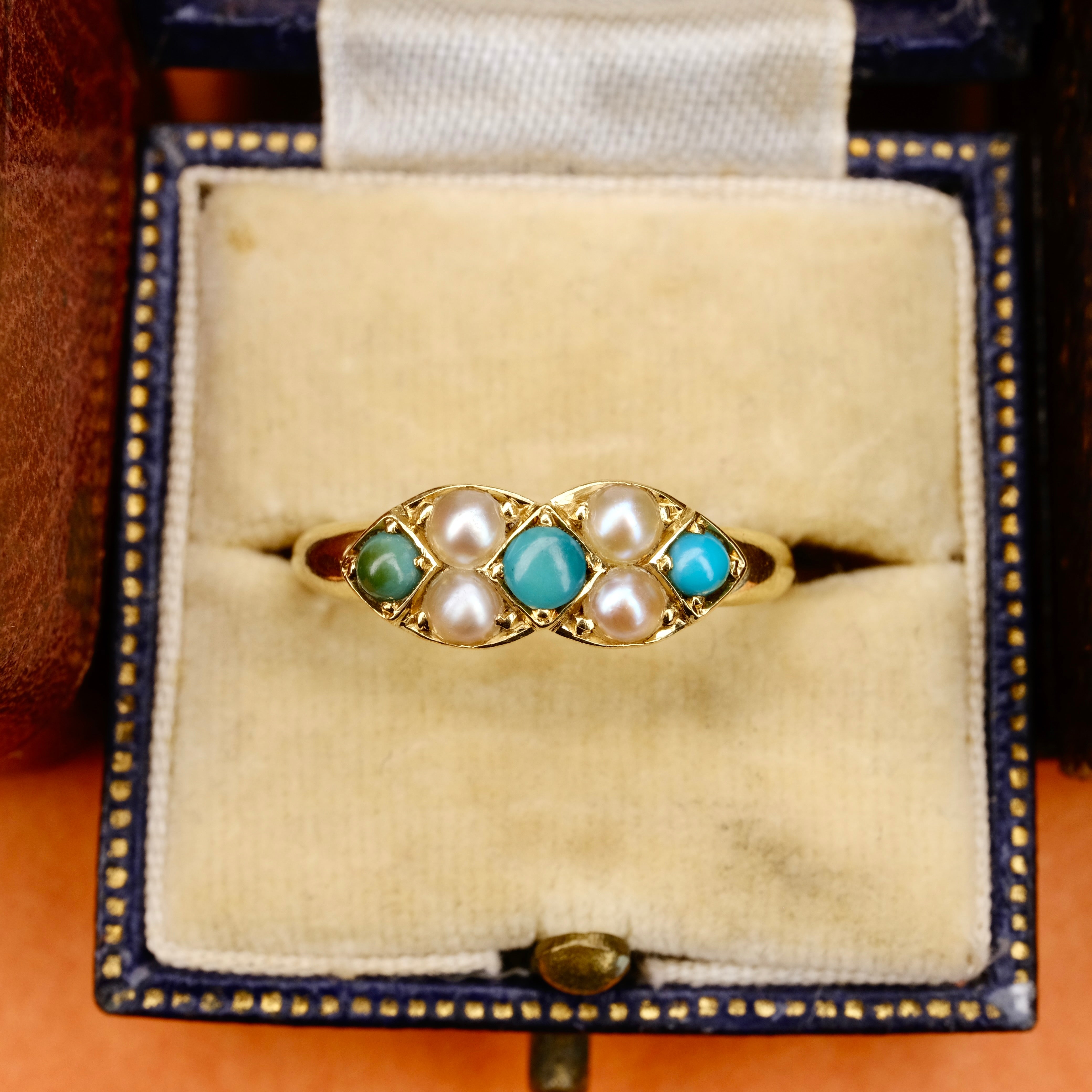 Antique Edwardian 18ct Gold, Turquoise & Pearl Ring, London Hallmark 1902