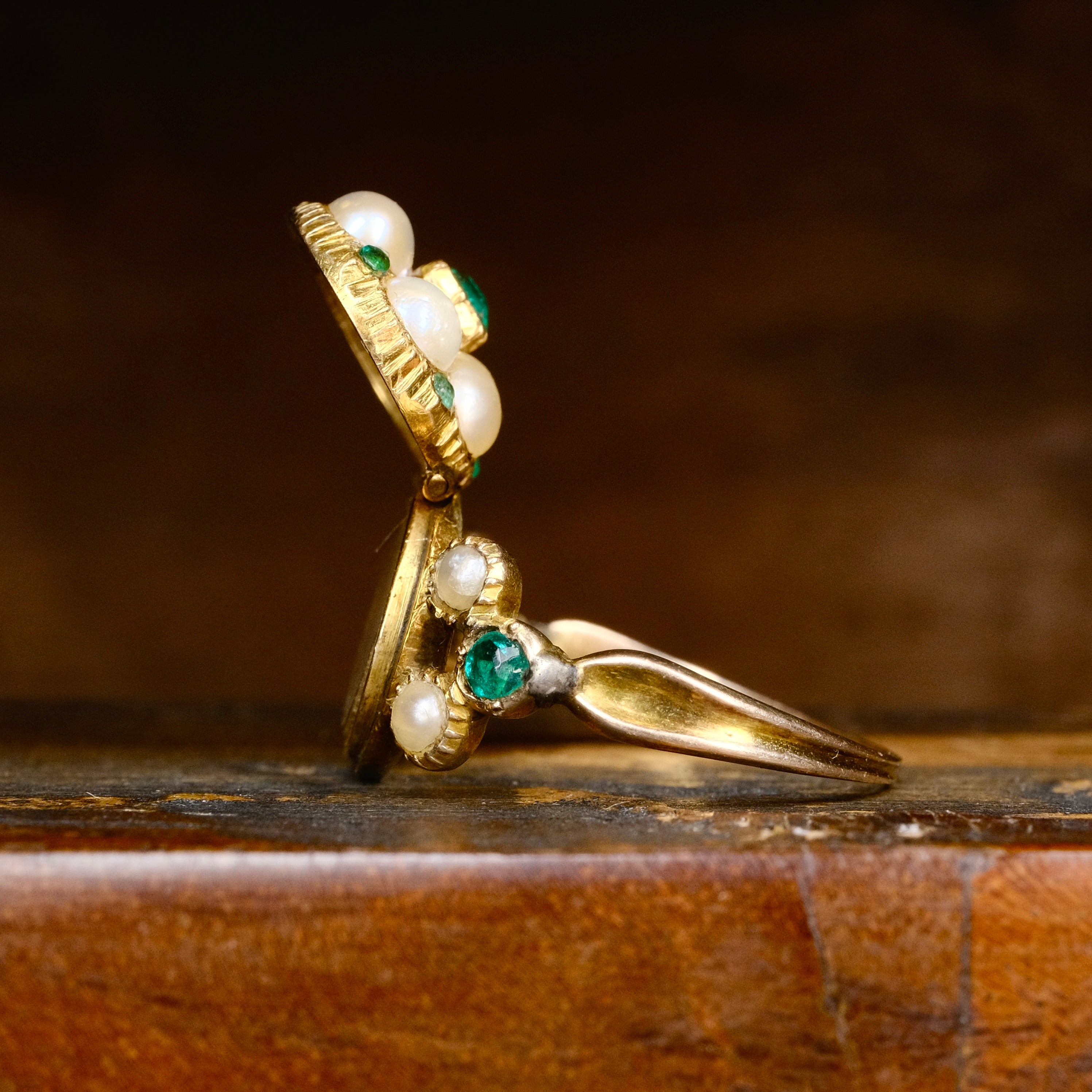 Antique, Georgian Gold Locket Ring With Emeralds & Pearls