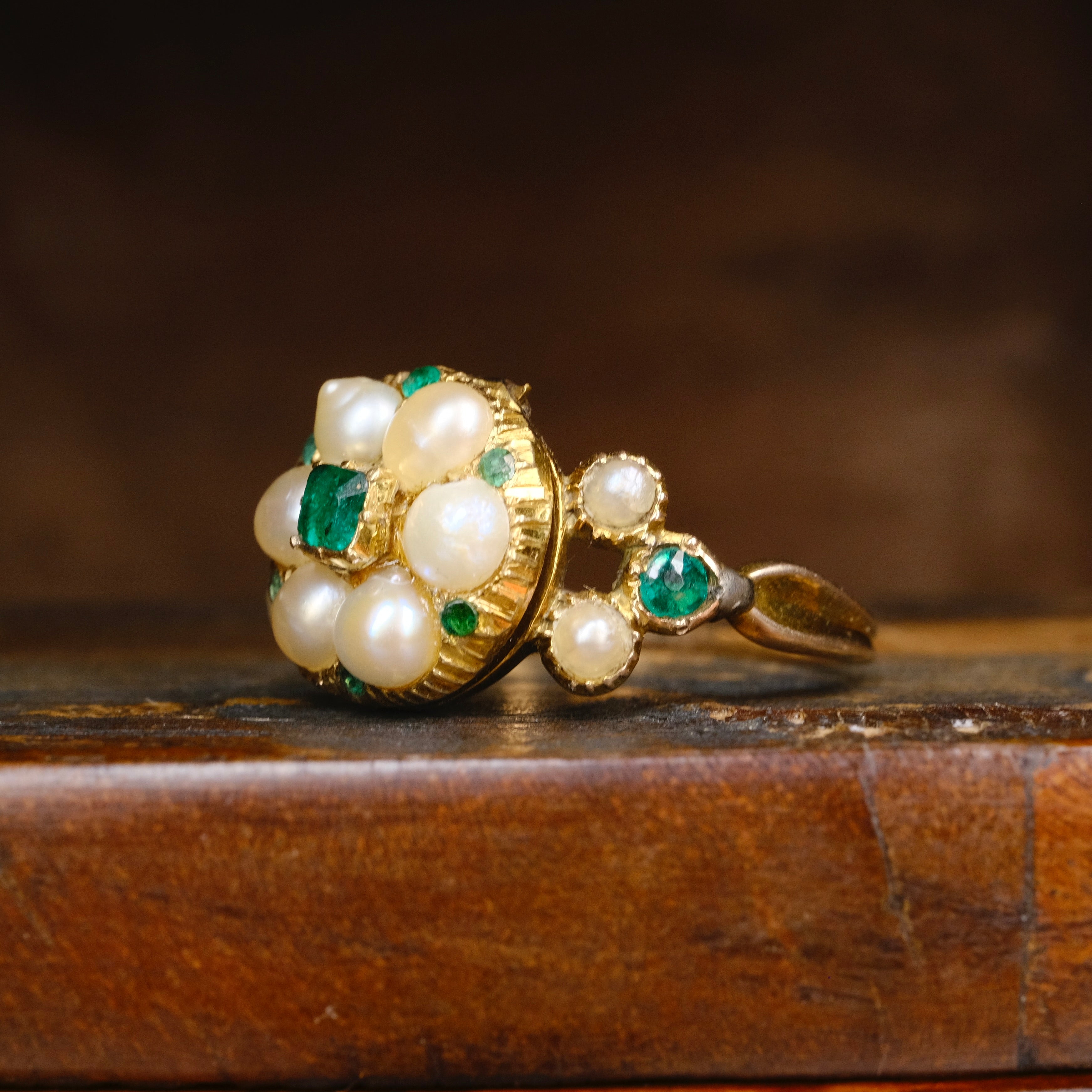 Antique, Georgian Gold Locket Ring With Emeralds & Pearls