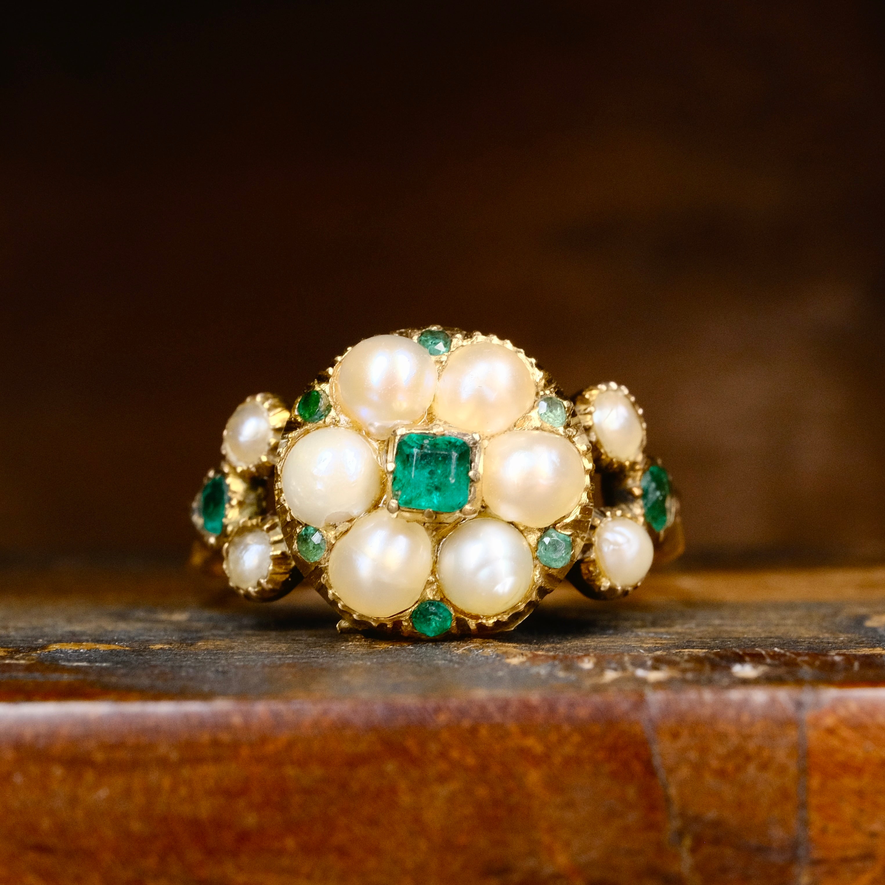 Antique, Georgian Gold Locket Ring With Emeralds & Pearls