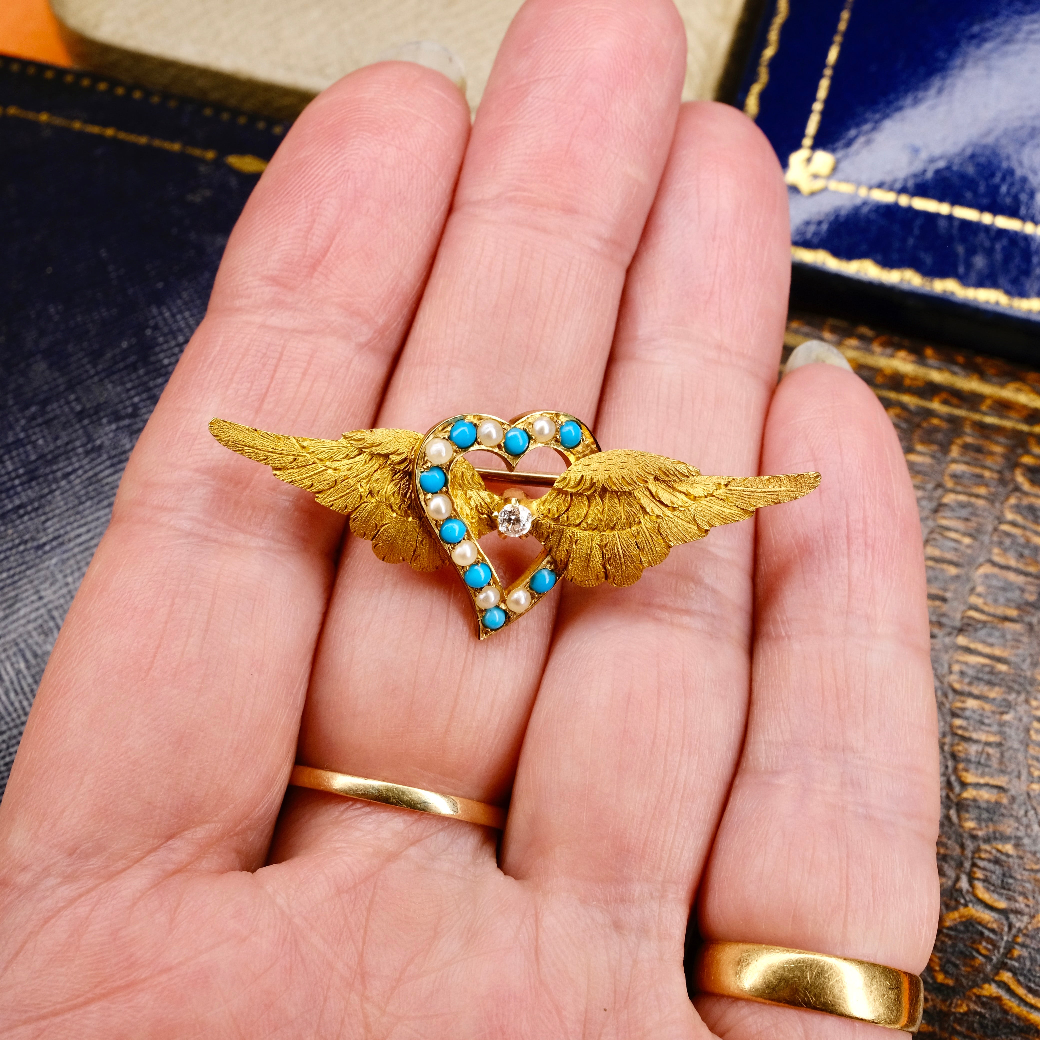 Victorian, 15ct Gold, Old Cut Diamond, Turquoise & Pearl Angel Wings, Witches Heart Brooch