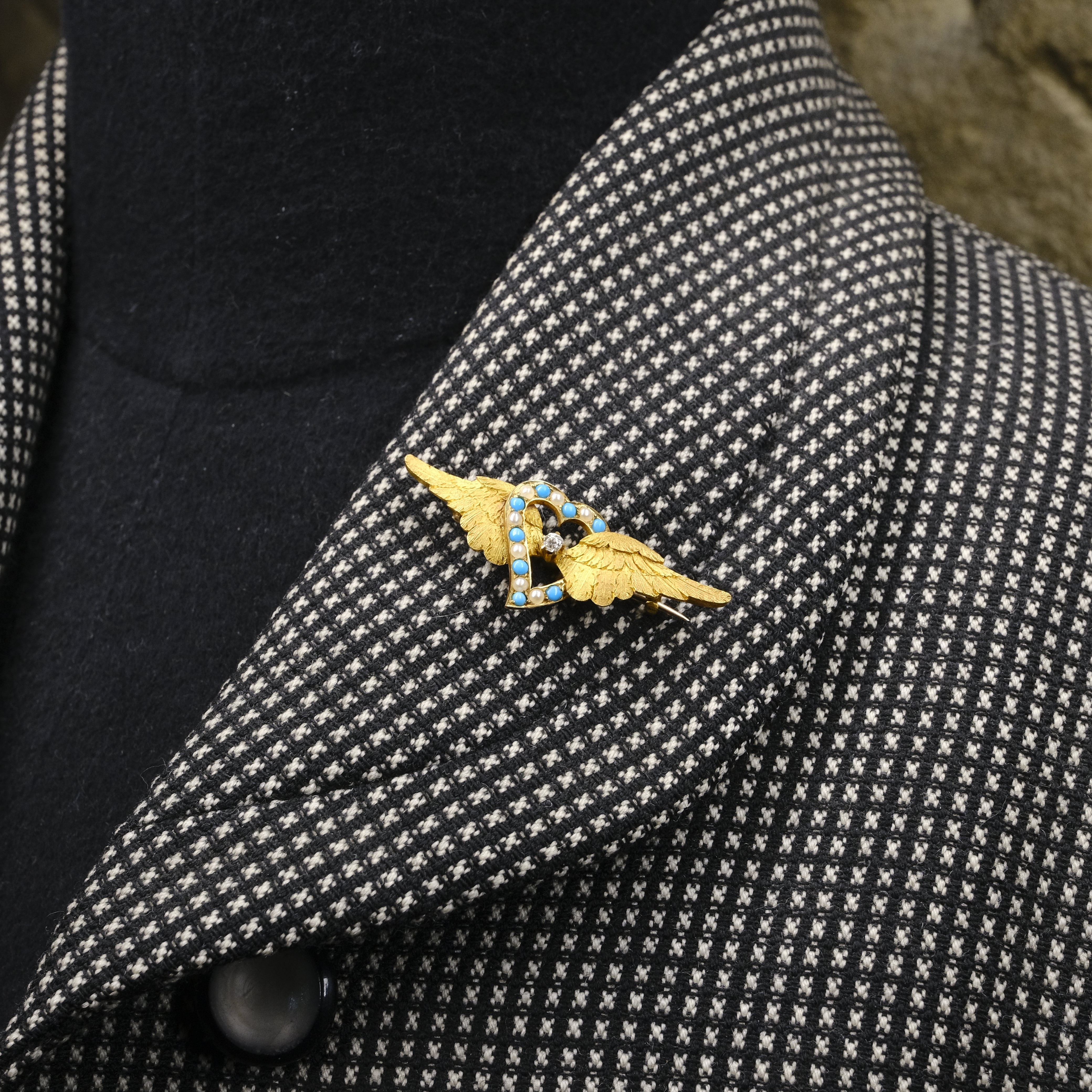 Victorian, 15ct Gold, Old Cut Diamond, Turquoise & Pearl Angel Wings, Witches Heart Brooch