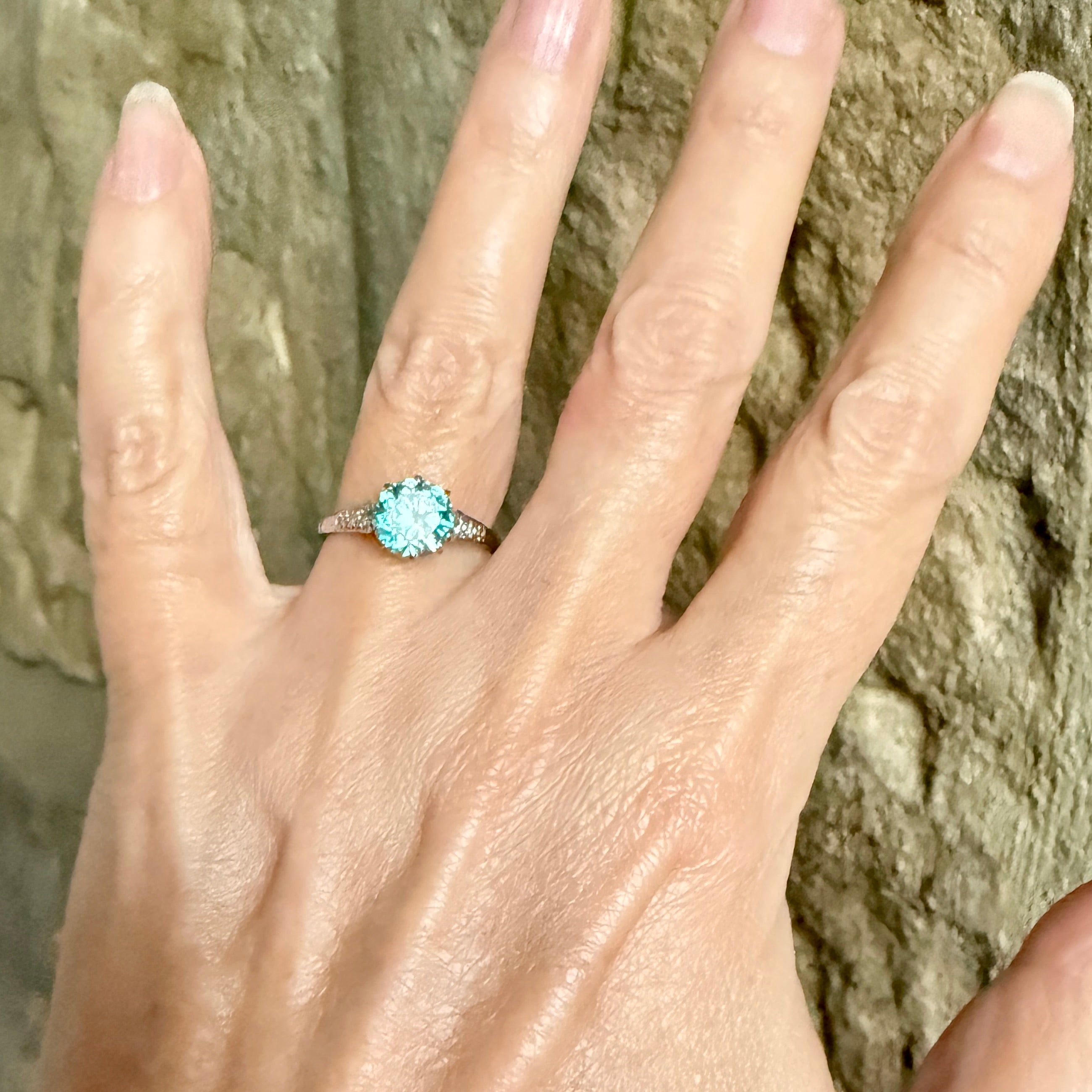 Vintage Blue Zircon, Solitaire Ring, With Diamond Set Shoulders, c1930s