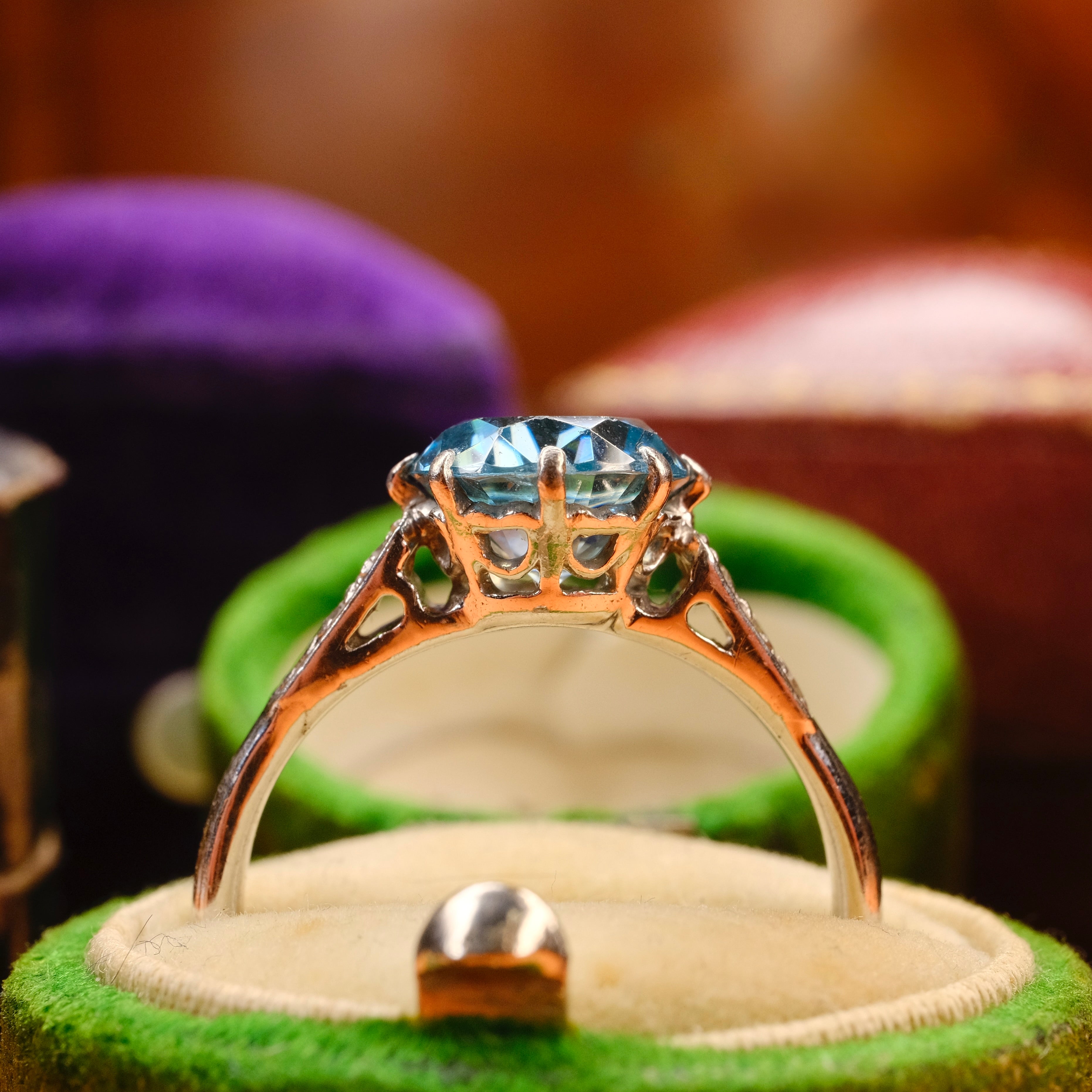 Vintage Blue Zircon, Solitaire Ring, With Diamond Set Shoulders, c1930s