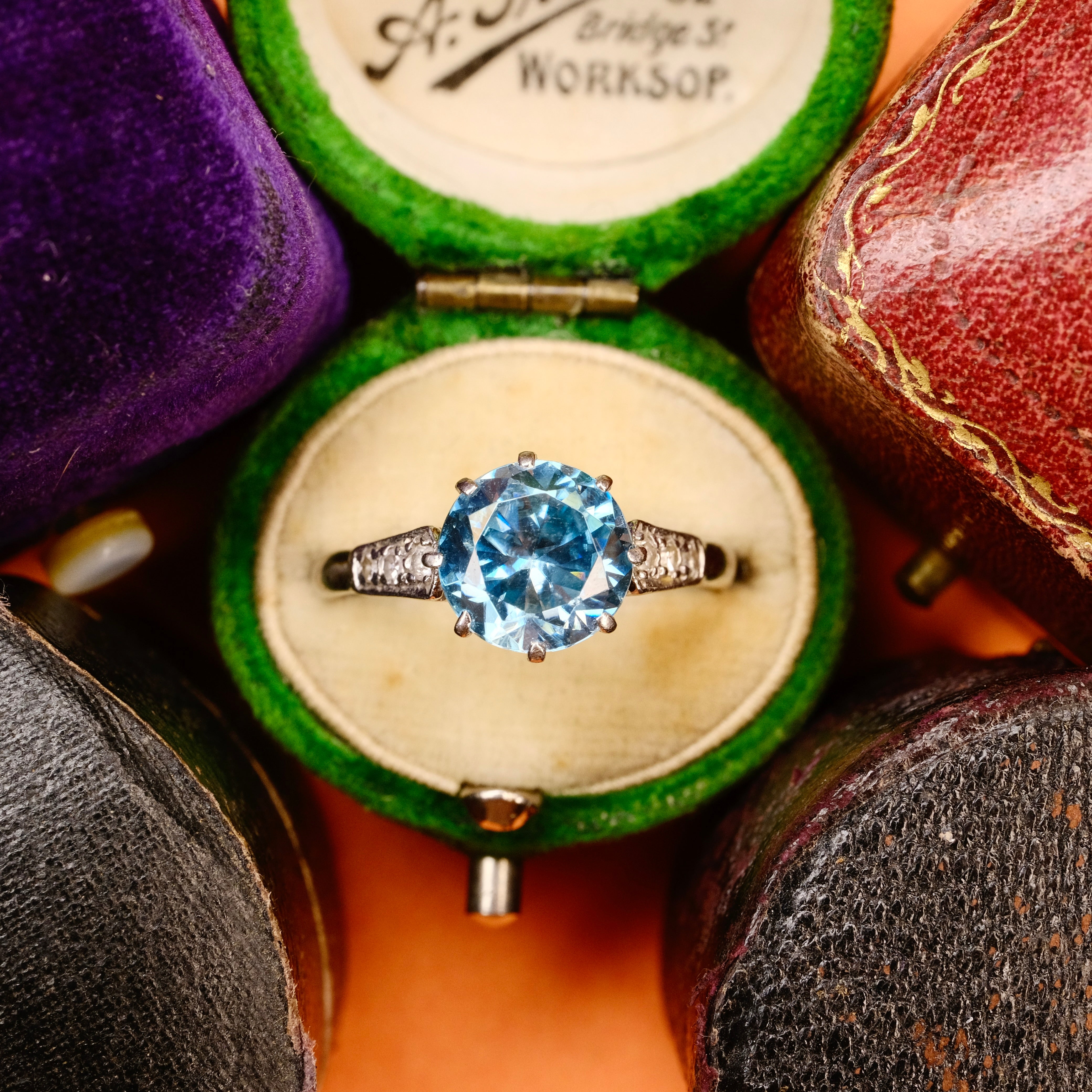Vintage Blue Zircon, Solitaire Ring, With Diamond Set Shoulders, c1930s