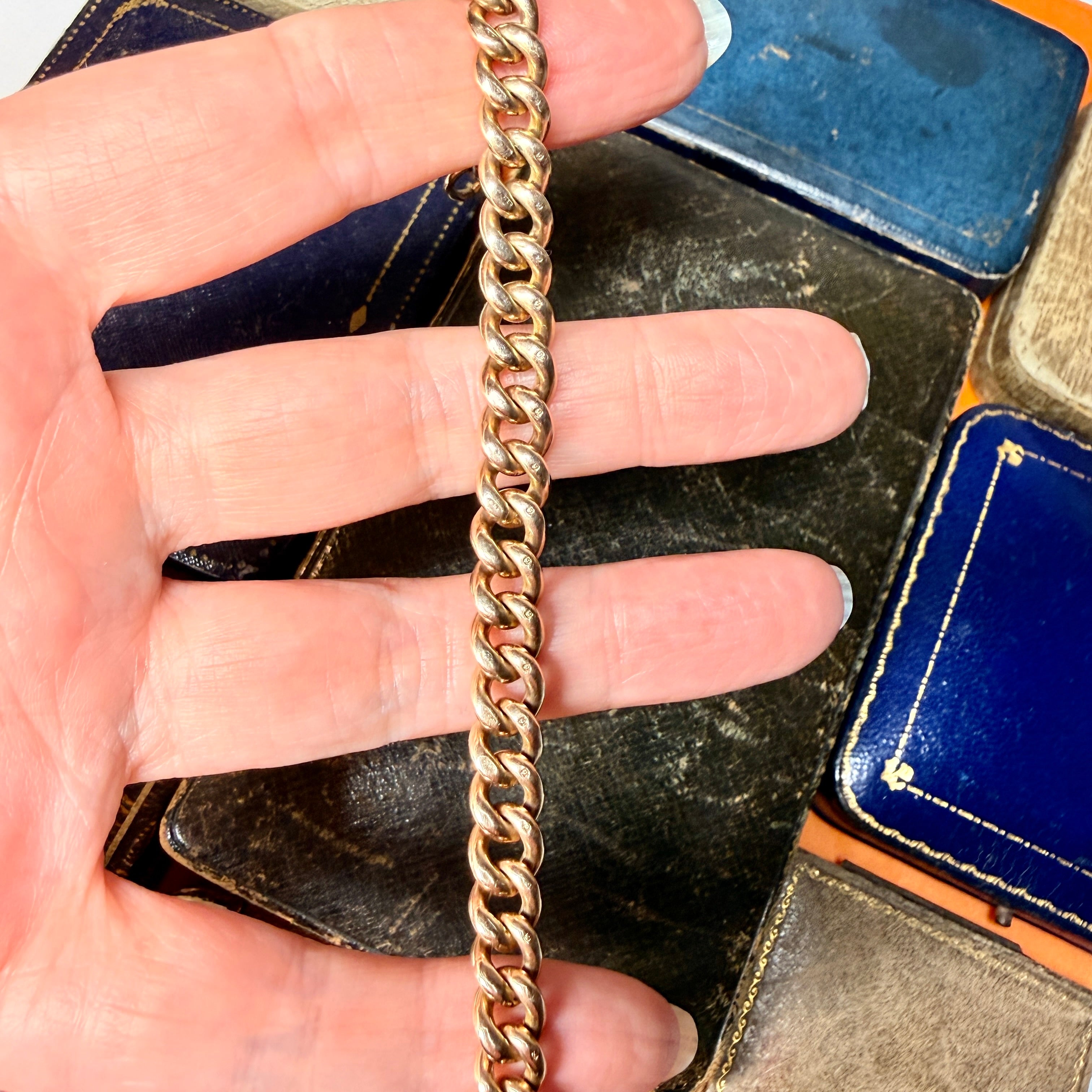 Antique 9ct Rose Gold Watch Chain Bracelet, With Dog Clip Clasp,  25.8 Grams