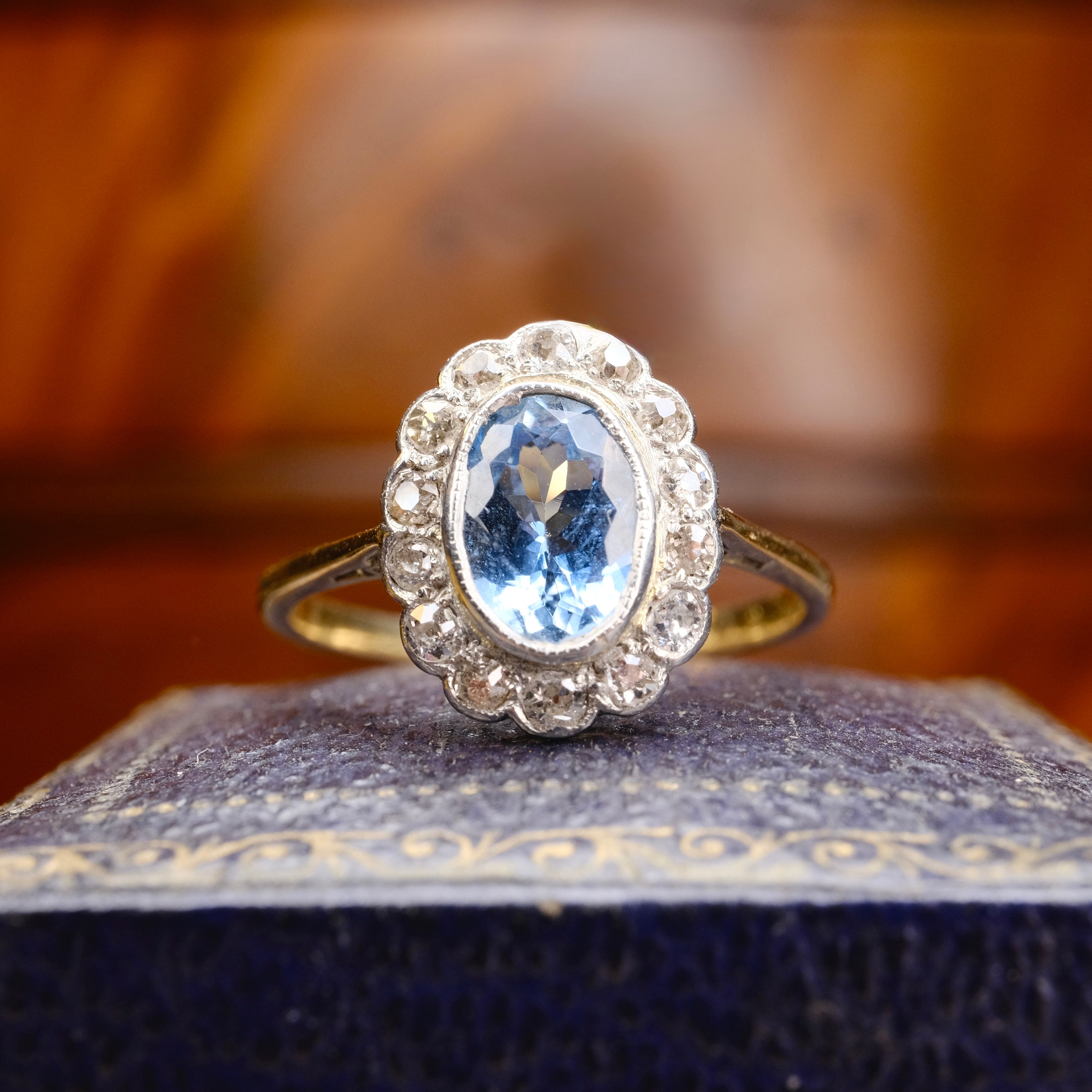Original Art Deco, 18ct Gold & Platinum, Aquamarine And Old Cut Diamond Cluster Ring