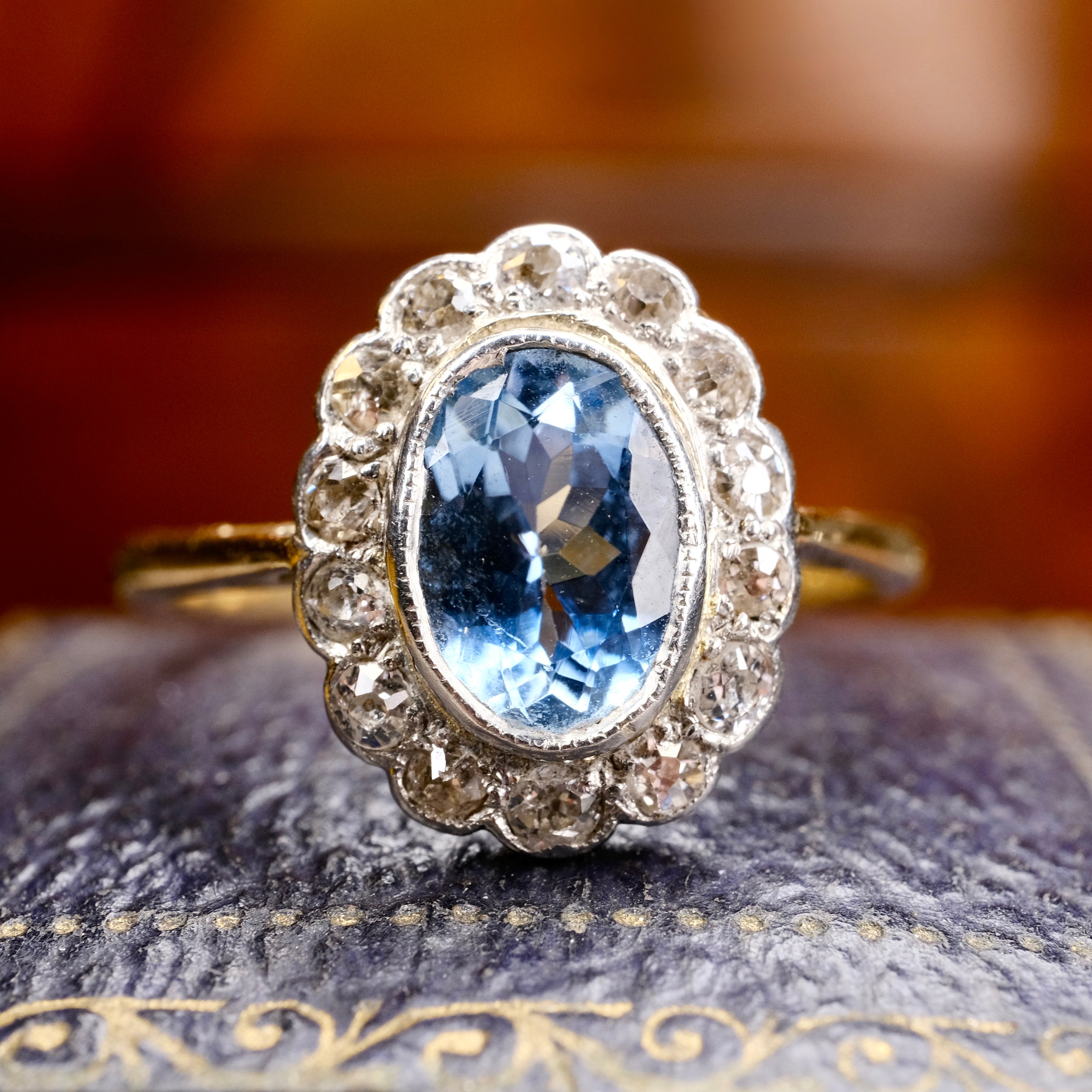 Original Art Deco, 18ct Gold & Platinum, Aquamarine And Old Cut Diamond Cluster Ring
