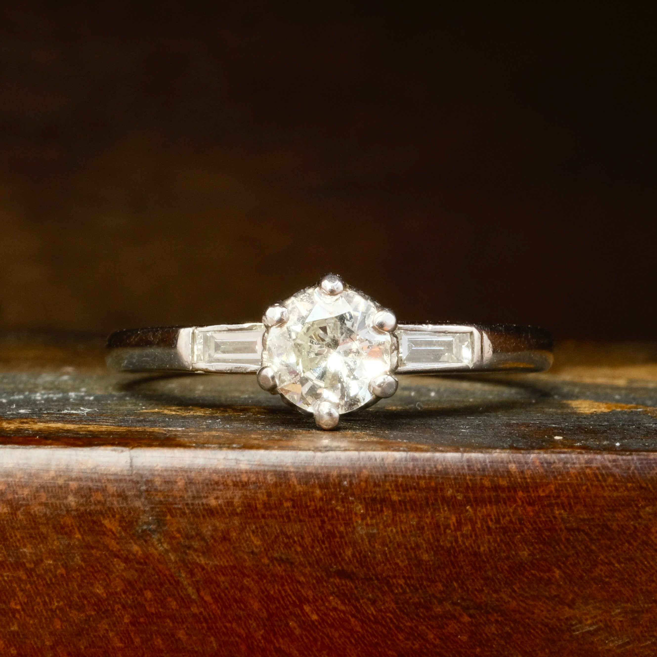 Original Art Deco, 18ct White Gold and Platinum, Diamond Solitaire Ring With Diamond Baguette Shoulders