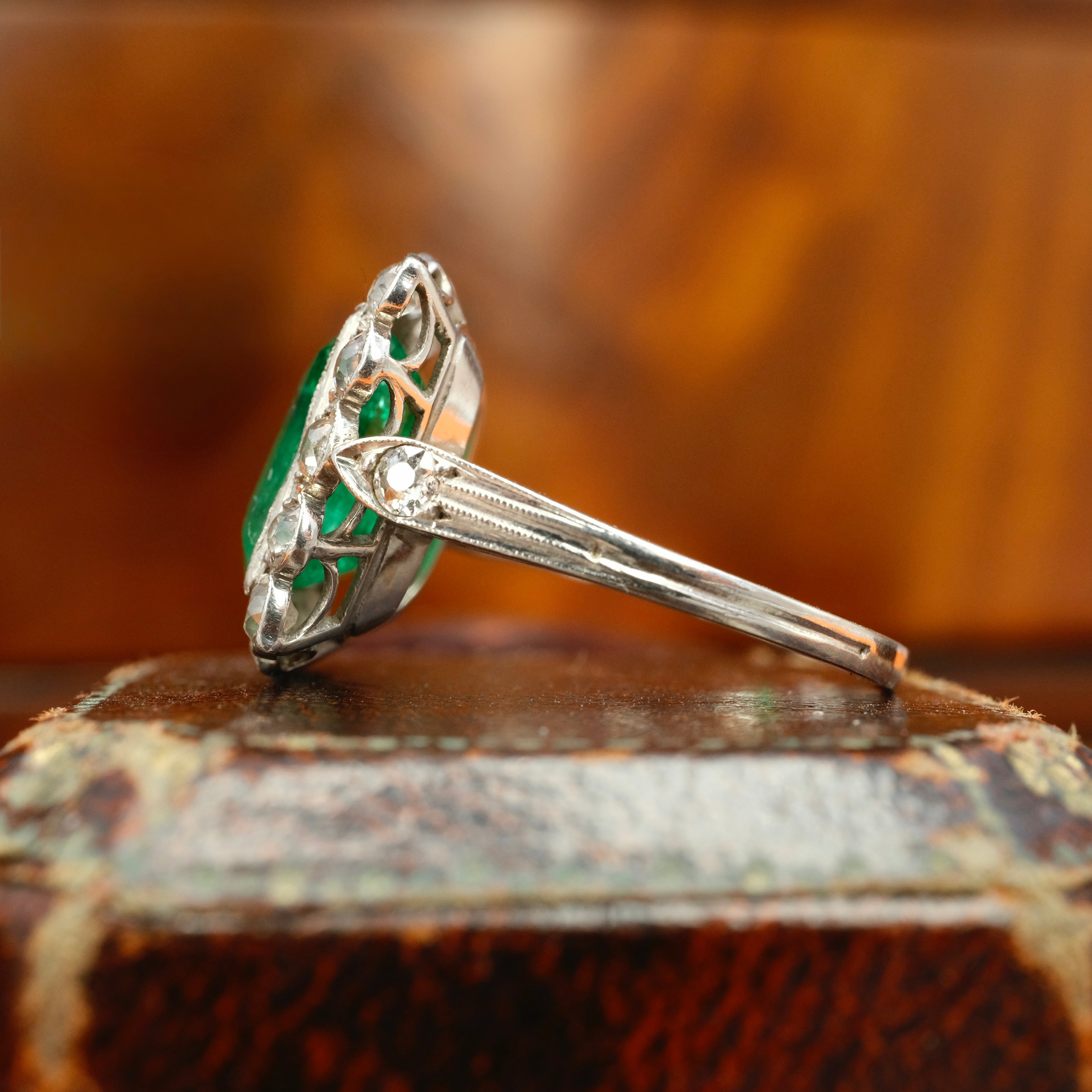 1920s, Art Deco, Emerald & Old Cut Diamond, Platinum, Square Cluster Ring