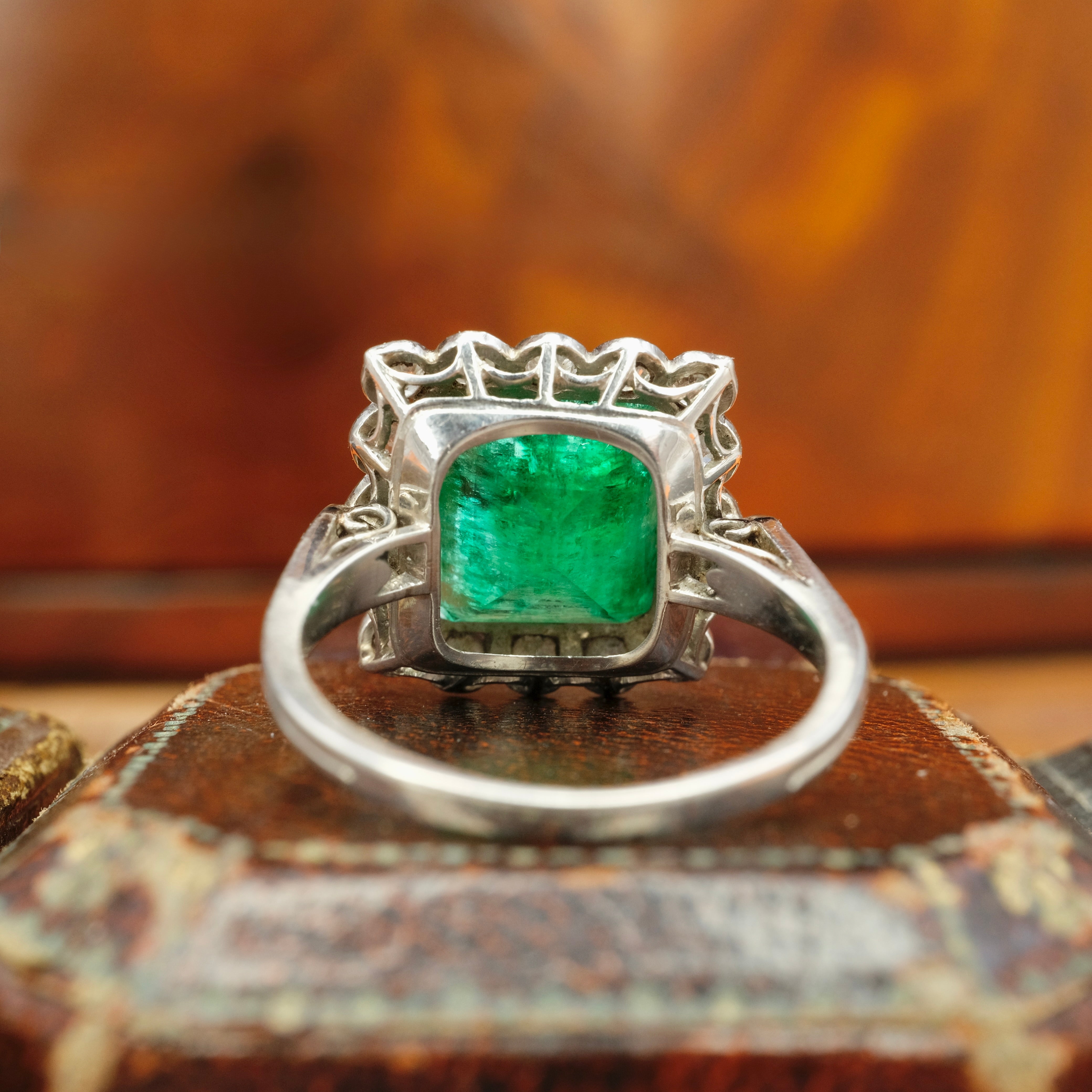 1920s, Art Deco, Emerald & Old Cut Diamond, Platinum, Square Cluster Ring