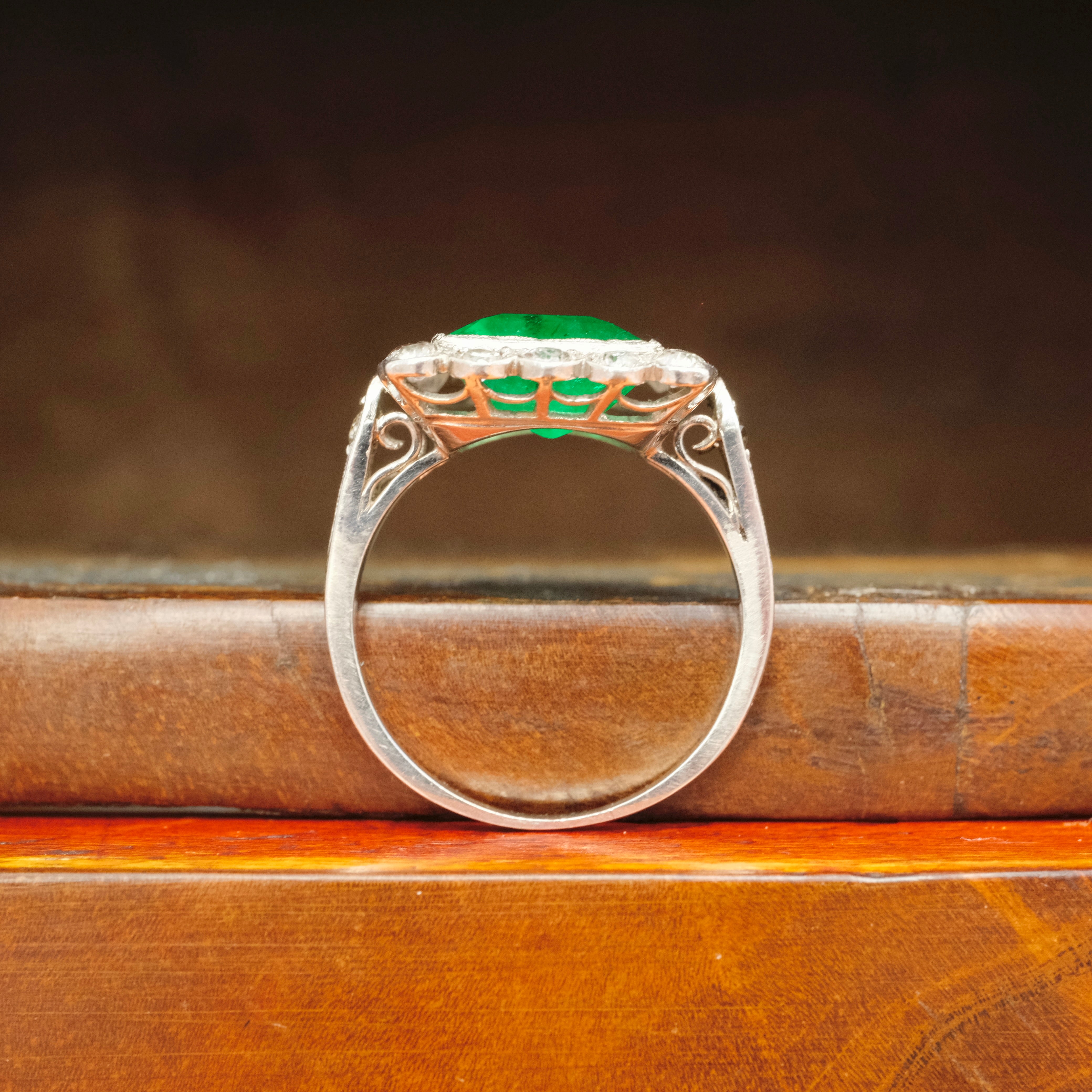 1920s, Art Deco, Emerald & Old Cut Diamond, Platinum, Square Cluster Ring